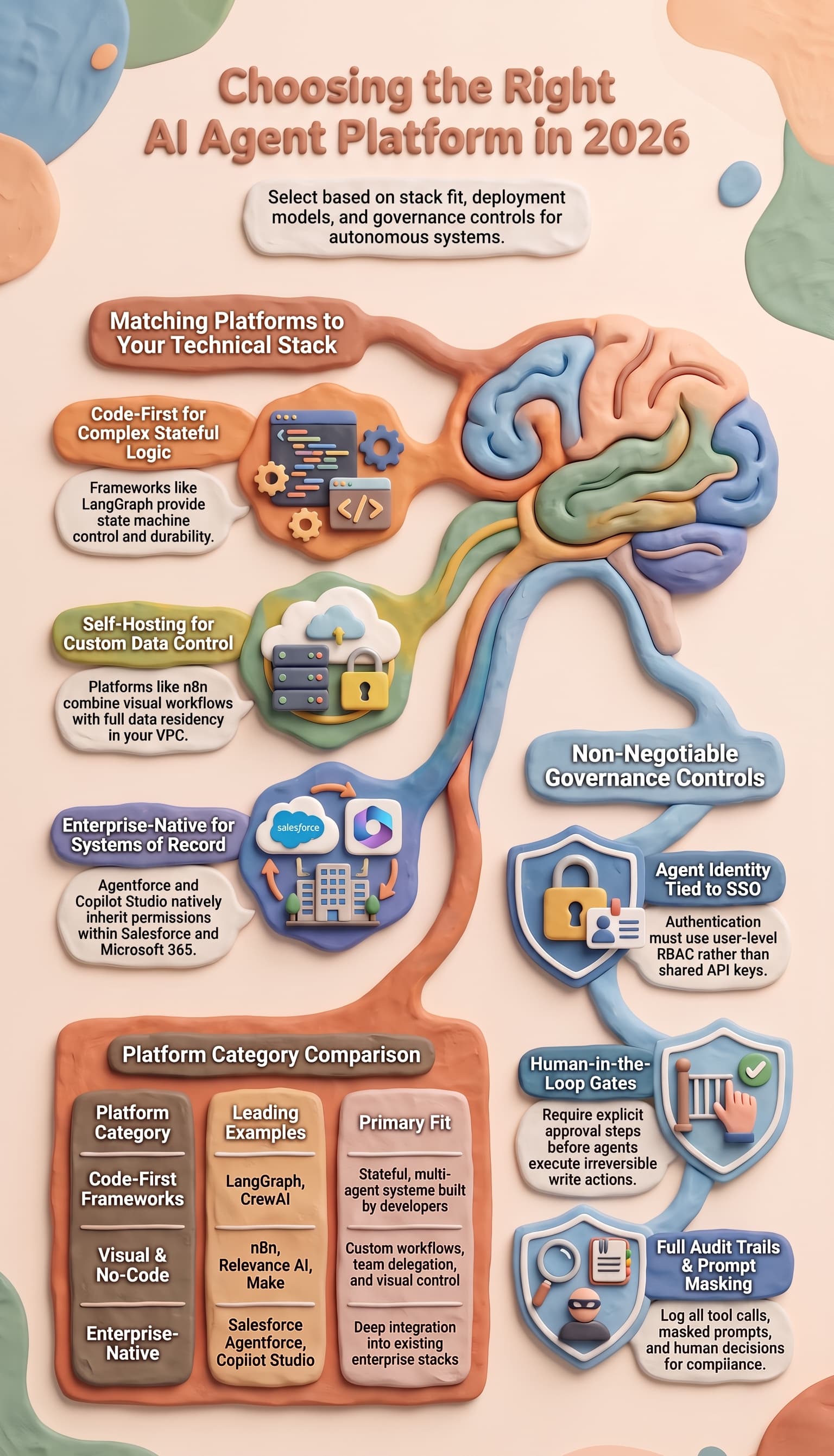 3D infographic explaining how to choose the right AI agent platform in 2026, comparing code-first frameworks, self-hosted visual workflows, and enterprise-native systems, with a platform comparison table and essential governance controls covering SSO, human approval, audit trails, and prompt masking.