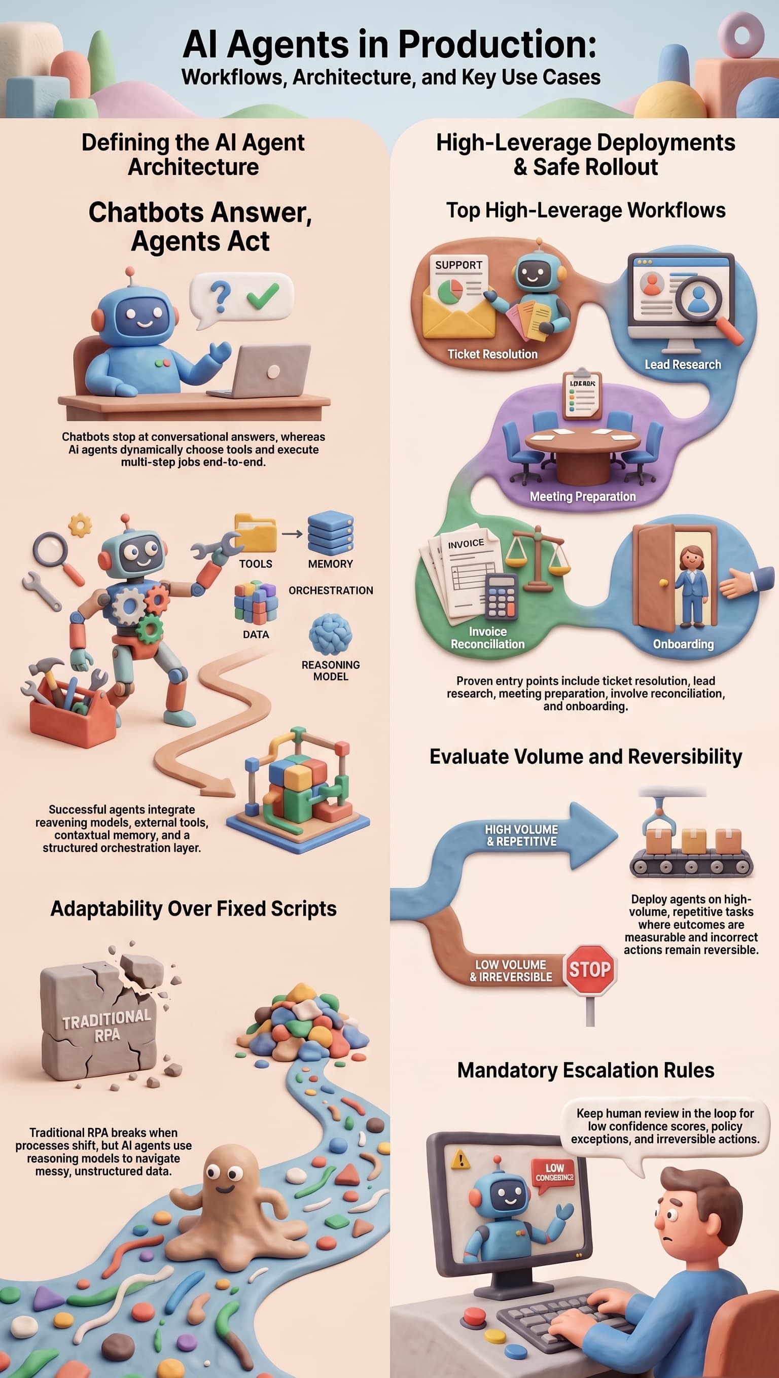 Infographic explaining AI agents in production, covering agent architecture, tool integration, memory, orchestration, and reasoning models, with key use cases including ticket resolution, lead research, meeting preparation, invoice reconciliation, and onboarding, plus deployment guidelines for task volume, reversibility, and human oversight.