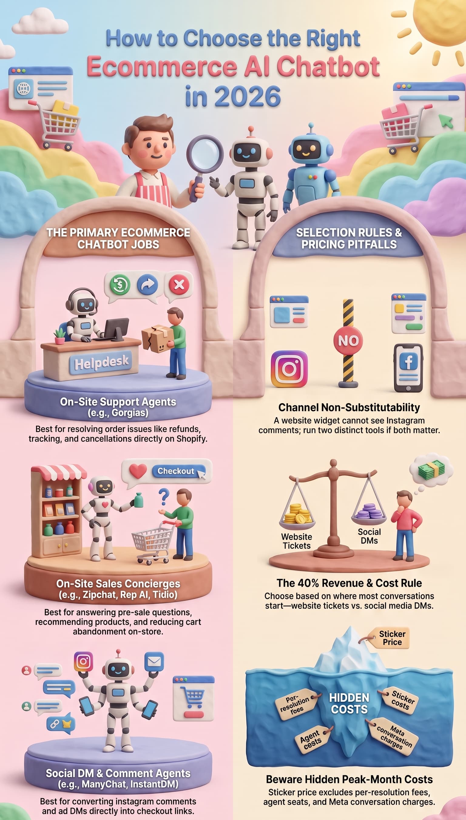 Infographic explaining how to choose the right ecommerce AI chatbot in 2026, comparing on-site support agents, sales chatbots, and social DM automation tools, with selection rules, pricing pitfalls, and hidden costs.