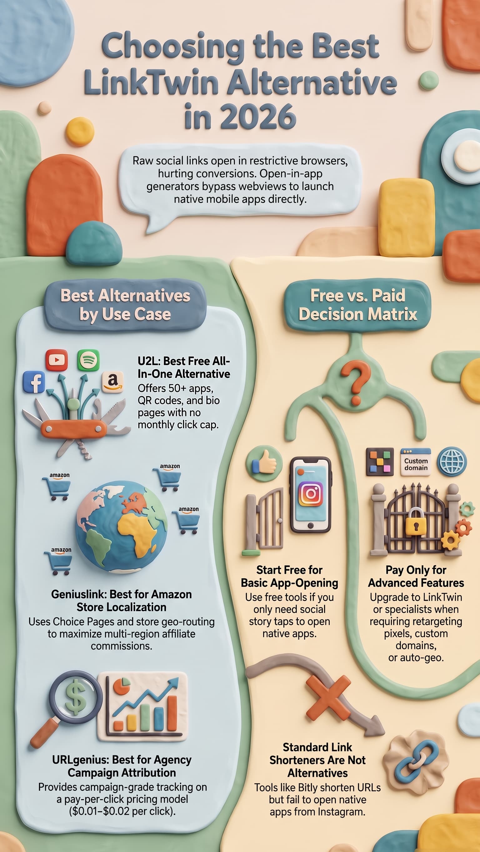 Infographic comparing the best LinkTwin alternatives in 2026, featuring U2L, Geniuslink, URLgenius, free app-opening tools, and advanced deep-link options, with guidance on choosing free versus paid tools.