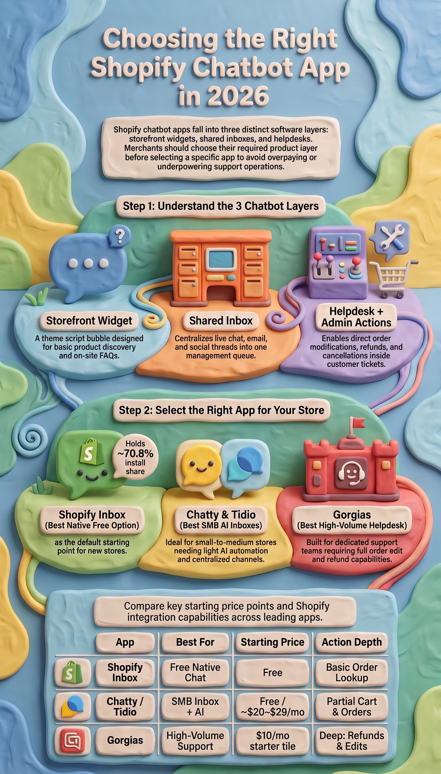 Infographic explaining how to choose the right Shopify chatbot app in 2026, comparing storefront widgets, shared inboxes, and helpdesks, with Shopify Inbox, Chatty, Tidio, and Gorgias features, pricing, and integration capabilities.