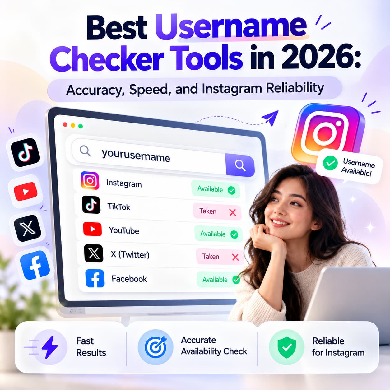 Modern infographic showing how to check Instagram and other social media username availability, featuring Instant Username Search, Namechk, KnowEm, Checkusernames, TheBlue.social, handle.tools, and DNS Robot.