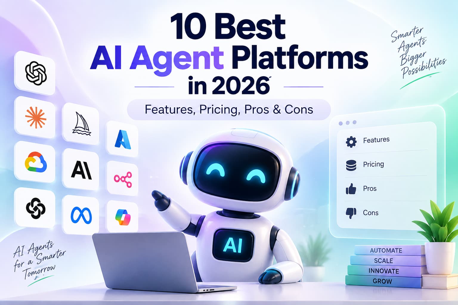 10 Best AI Agent Platforms in 2026 with features, pricing, pros and cons, illustrated by an AI robot and platform icons.