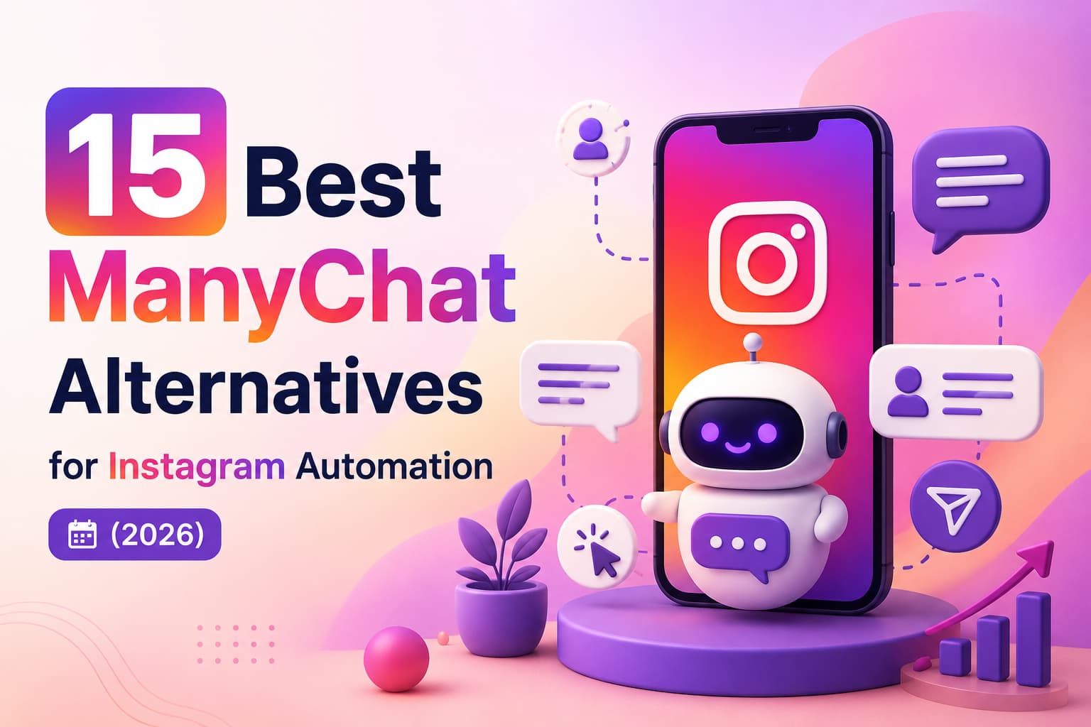 Featured blog header image for '15 Best ManyChat Alternatives for Instagram Automation (2026).' The design shows a large smartphone displaying the Instagram logo, accompanied by a friendly chatbot character and floating messaging icons representing automation, customer engagement, and direct messages.