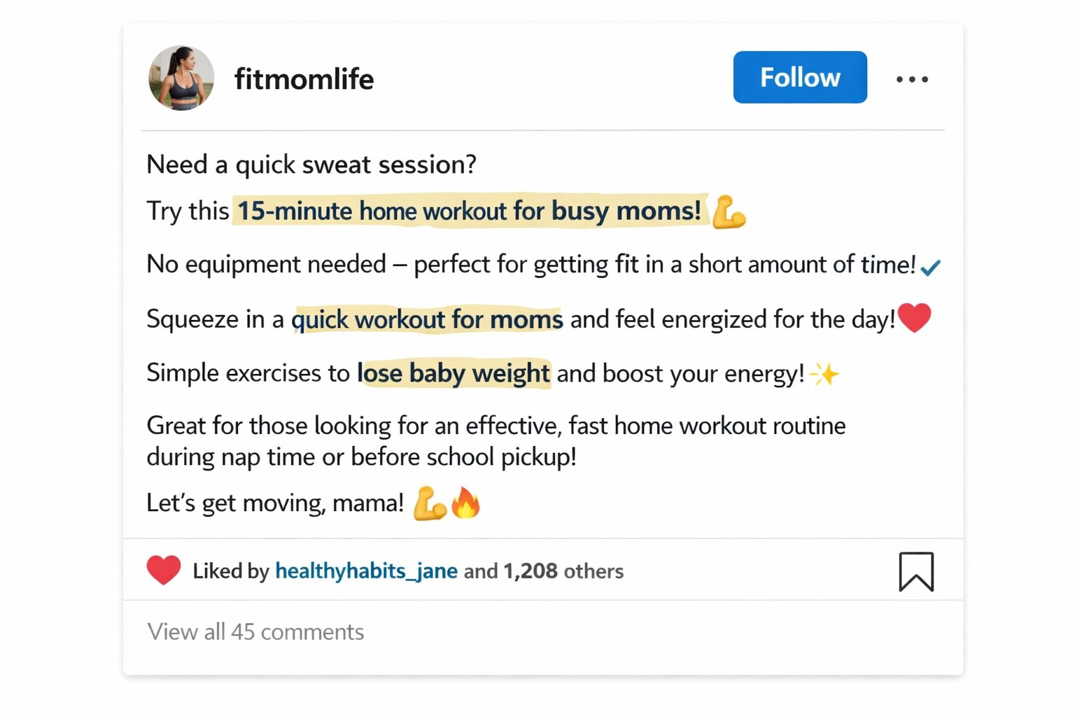 An example of a high-converting Instagram caption for a fitness influencer, showcasing the use of targeted keywords like 