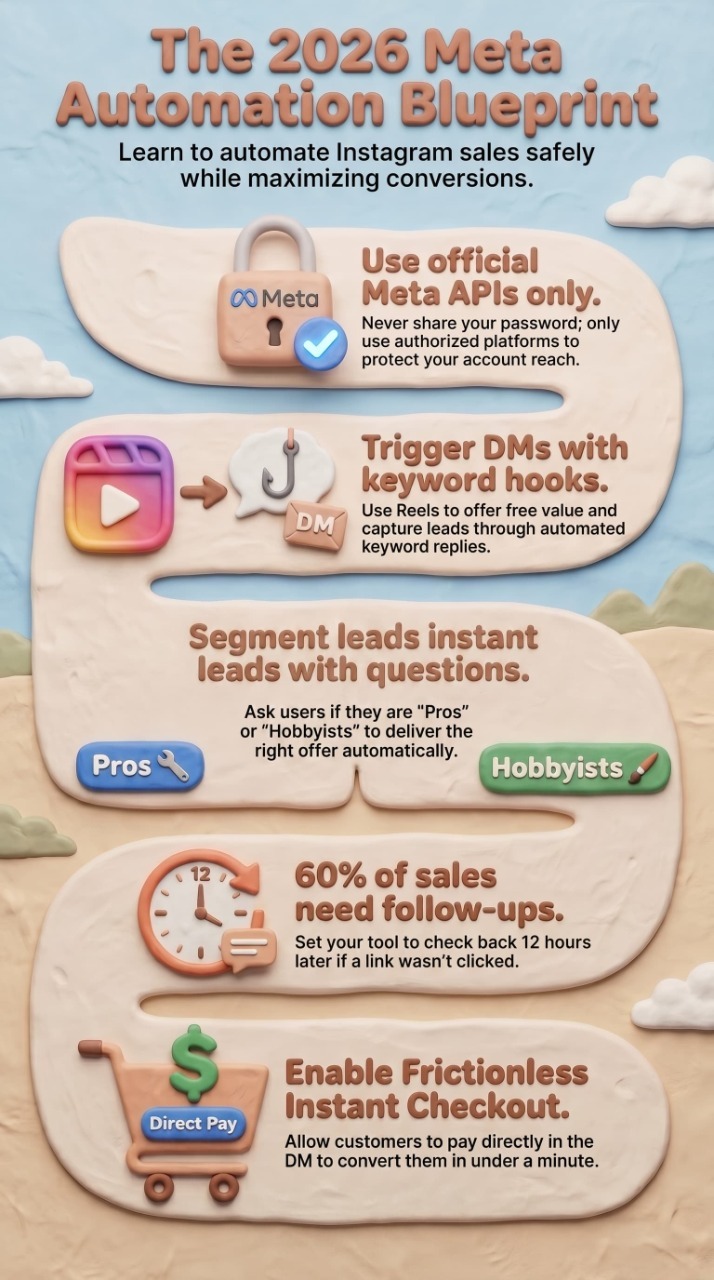 Infographic titled “The 2026 Meta Automation Blueprint” showing a winding roadmap for Instagram sales automation. The visual includes five key steps: using official Meta APIs for secure automation, triggering DMs with keyword-based replies from Instagram Reels, segmenting leads with qualification questions, sending automated follow-ups to increase conversions, and enabling direct in-chat checkout. Icons include a Meta security lock, Instagram logo, DM and lead-generation symbols, a clock for follow-ups, and a shopping cart with direct payment. The design uses a soft clay-style illustration with pastel blue and beige colors.