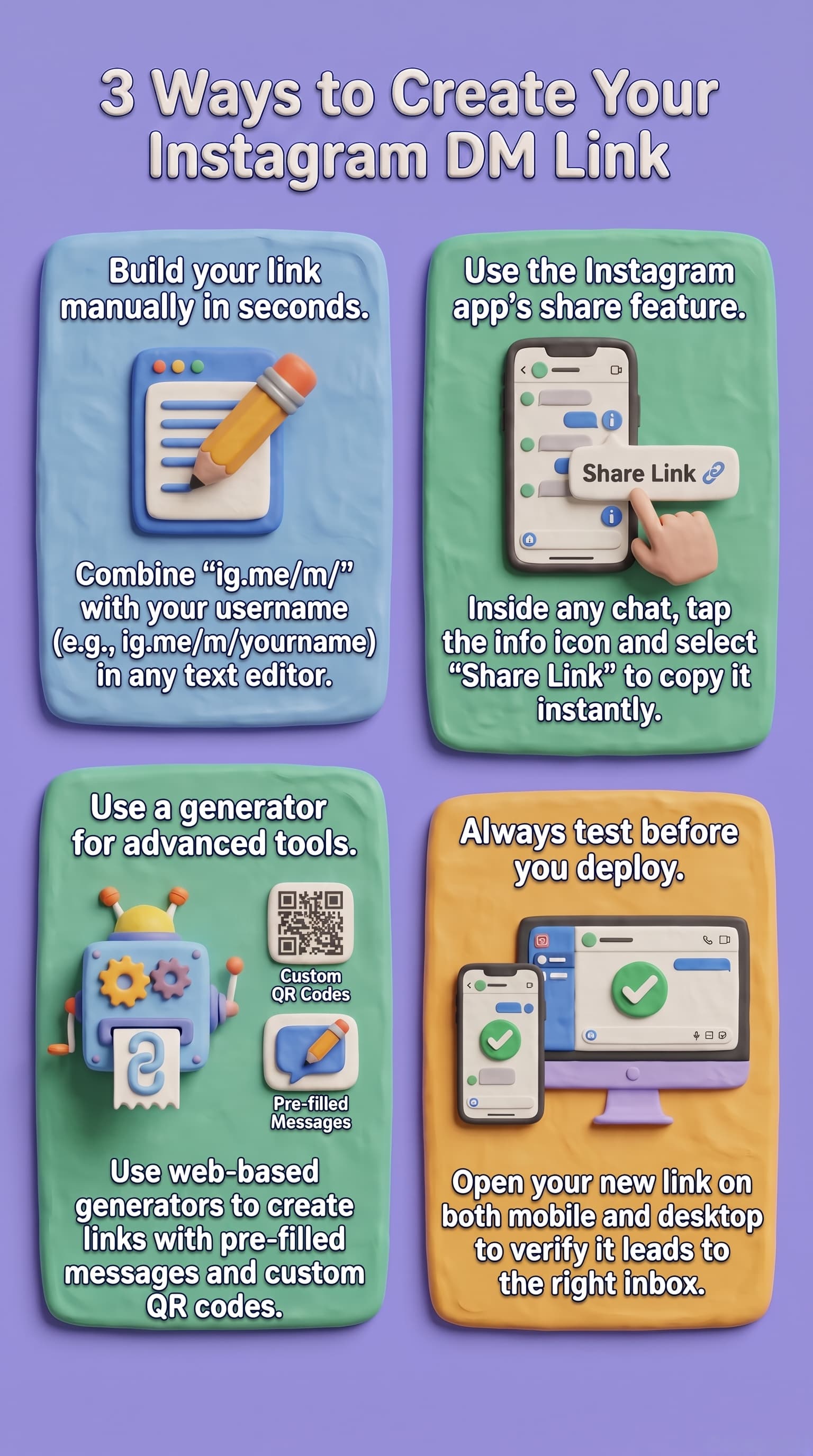 Infographic titled "3 Ways to Create Your Instagram DM Link" featuring colorful 3D clay-style illustrations on a purple background. The graphic explains three methods for creating an Instagram DM link: manually building a link using the format "ig.me/m/username," using Instagram’s built-in Share Link feature from a chat conversation, and using a link generator to create pre-filled message links and custom QR codes. A fourth panel emphasizes testing the link on both mobile and desktop devices before sharing it. The design includes icons of a notepad and pencil, smartphone chat screen, QR code generator, and desktop and mobile devices with verification checkmarks.