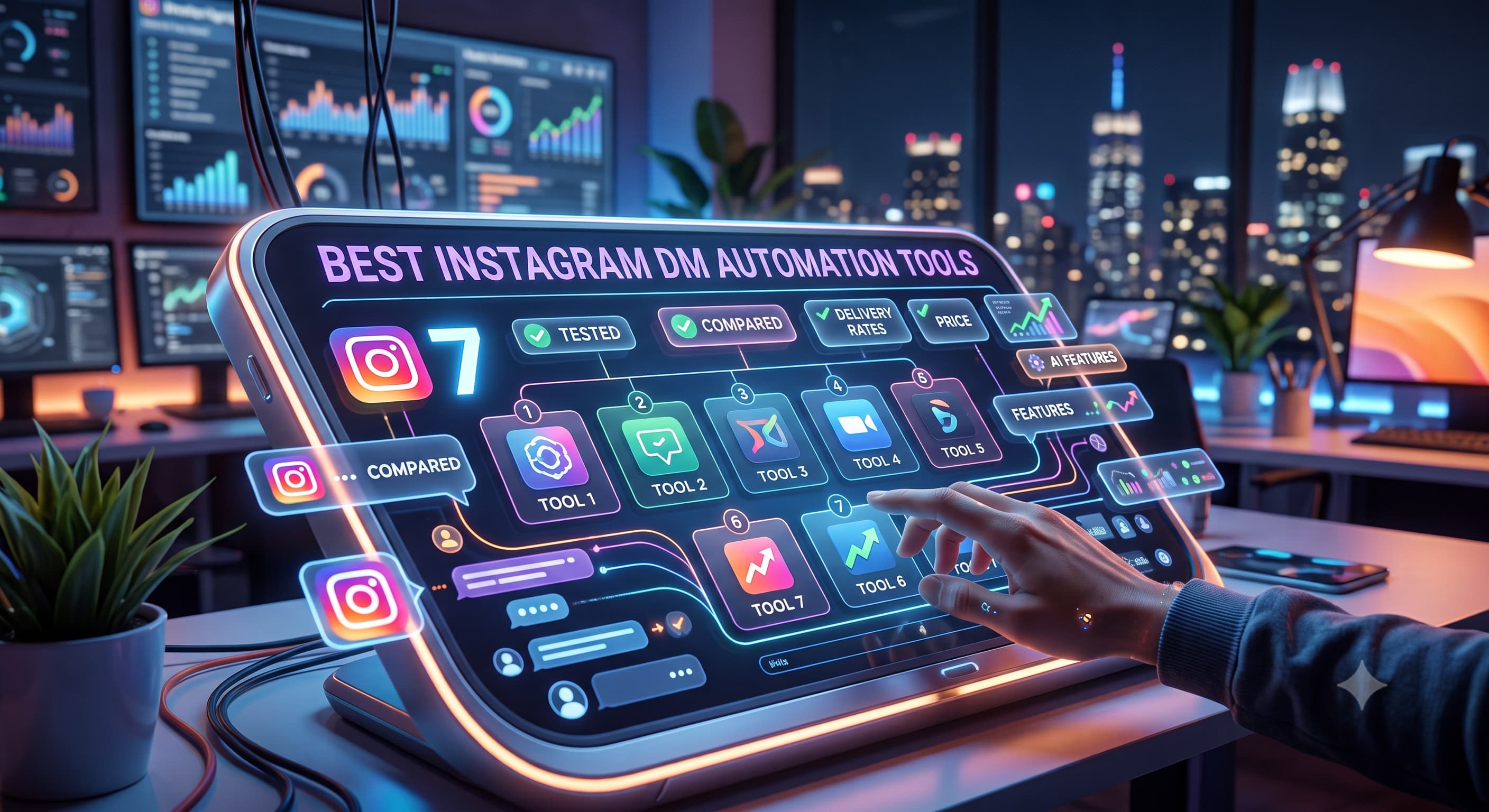 A tech-focused workspace at night featuring a large glowing touchscreen device displaying a comparison dashboard titled 'Best Instagram DM Automation Tools'. The interface shows seven numbered tool cards, analytics charts, glowing Instagram icons, and badges for price, delivery rates, and features, with a hand interacting with the screen.'