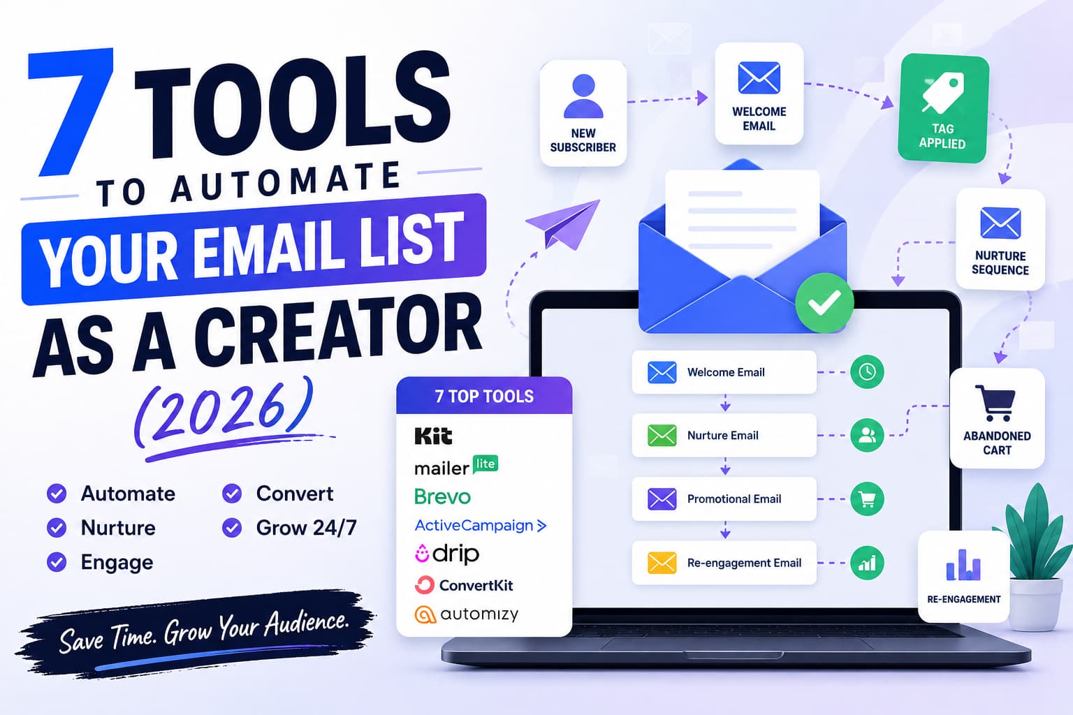 7 tools to automate an email list as a creator in 2026, featuring email automation workflows, subscriber management, welcome and nurture sequences, and email marketing platforms.