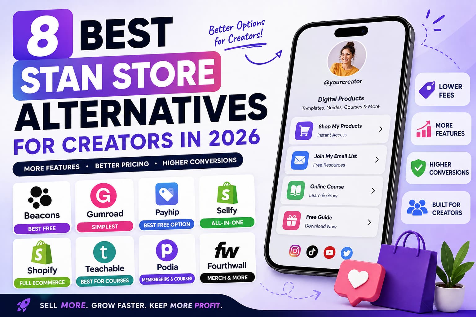 8 best Stan Store alternatives for creators in 2026, featuring Beacons, Gumroad, Payhip, Sellfy, Shopify, Teachable, Podia, and Fourthwall with creator storefront features, pricing, and benefits.