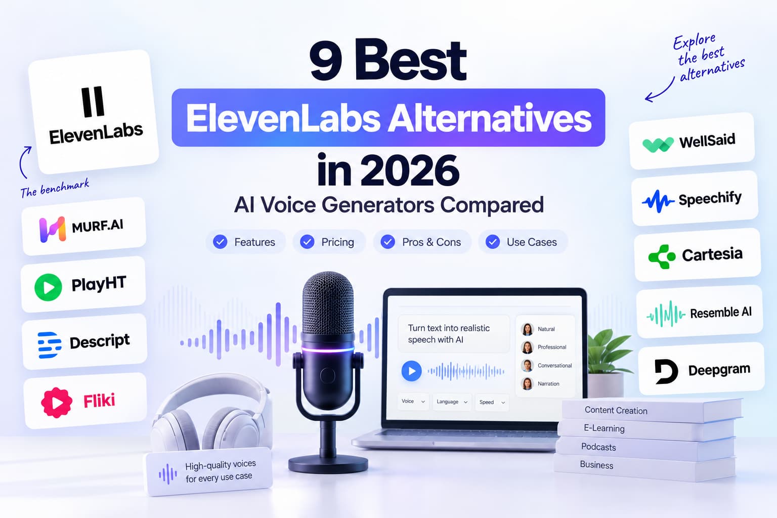 Hero banner for '9 Best ElevenLabs Alternatives in 2026,' comparing AI voice generators with featured tools, voice waveforms, a studio microphone, and text-to-speech interface.