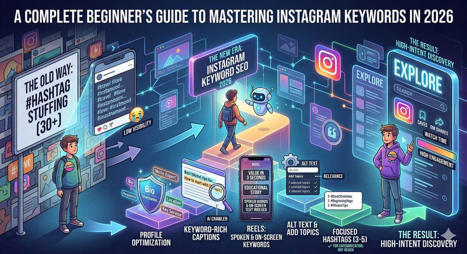 An infographic titled \"A COMPLETE BEGINNER'S GUIDE TO MASTERING INSTAGRAM KEYWORDS IN 2026.\" The graphic contrasts two strategies. On the left, \"The Old Way: #Hashtag Stuffing (30+)\" shows a disappointed character and a phone screen full of hashtags resulting in \"Low Visibility.\" In the center, a character and a robot walk toward \"The New Era: Instagram Keyword SEO 2026.\" A pathway along the bottom outlines the new strategy steps: Profile Optimization, Keyword-Rich Captions, Reels (Spoken & On-Screen Keywords), Alt Text & Add Topics, and Focused Hashtags (3-5 for categorization). The right side shows a happy character pointing to an Explore page, illustrating \"The Result: High-Intent Discovery\" and \"High Engagement\" driven by saves, DM shares, and watch time.