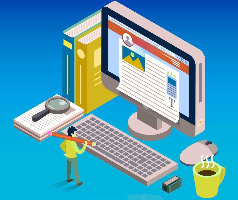 An isometric digital illustration featuring a miniature person with a large pencil standing before a computer setup, representing content creation and website design with stacked books and a steaming cup of coffee.
