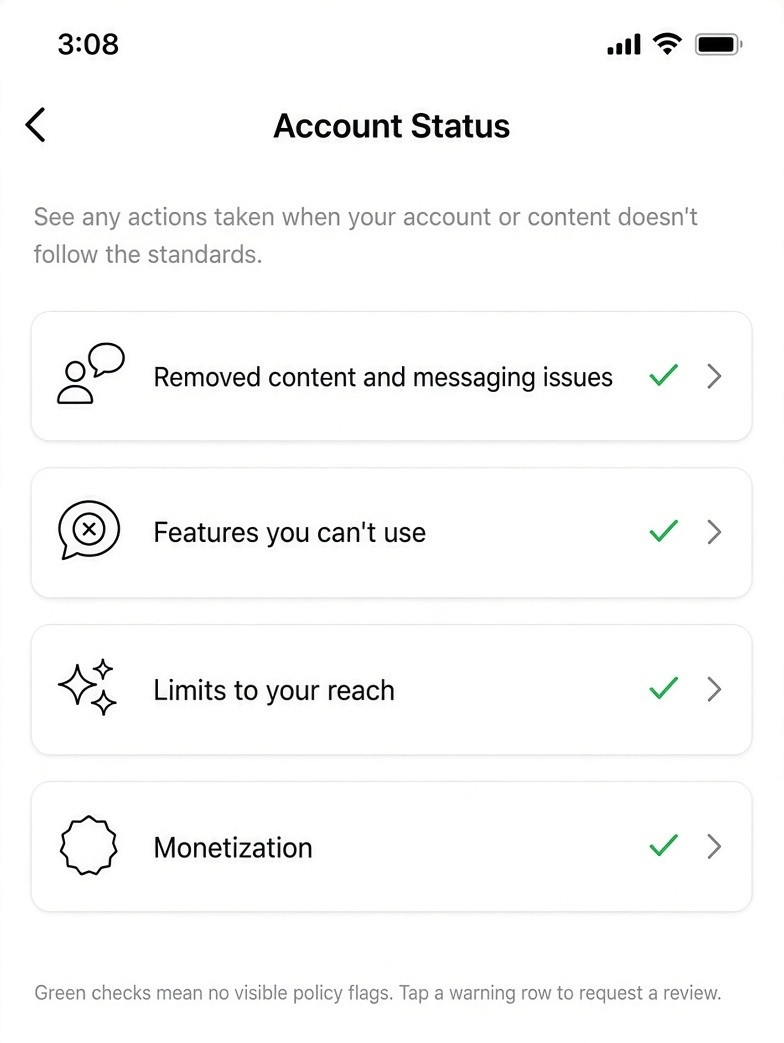 Original mockup of Settings and activity with Account Status highlighted, next to an Account Status dashboard showing green checks.