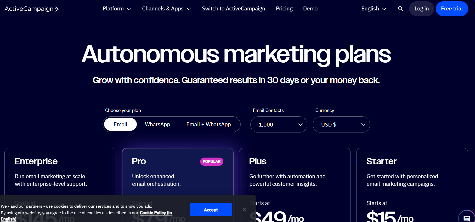Screenshot of the ActiveCampaign pricing page featuring the headline
