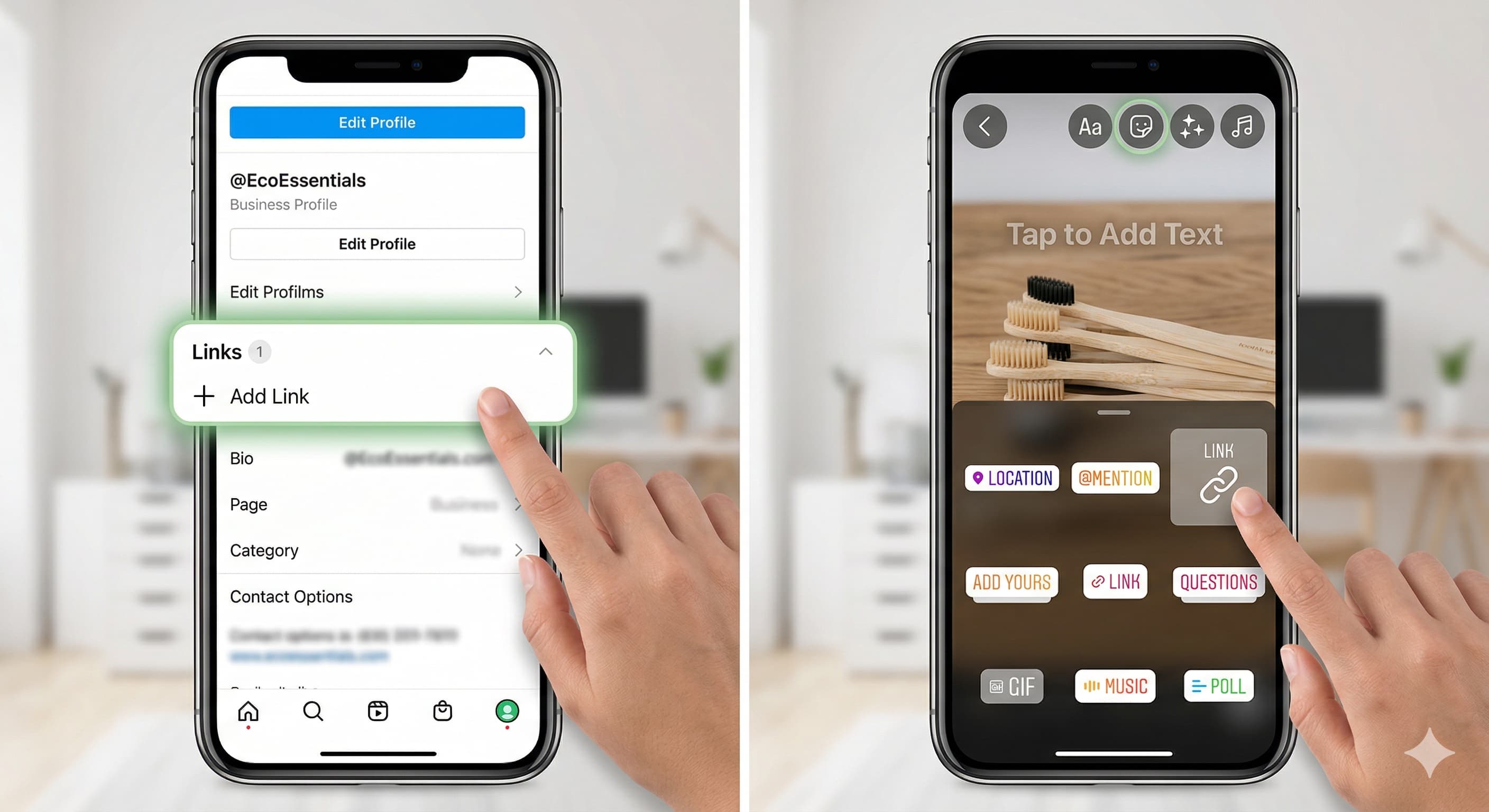 Side-by-side smartphone screens showing Instagram features. On the left, a business profile editing page with a highlighted “Add Link” option under links. On the right, the Instagram story editor with a user tapping the “Link” sticker to add a clickable link to a story.