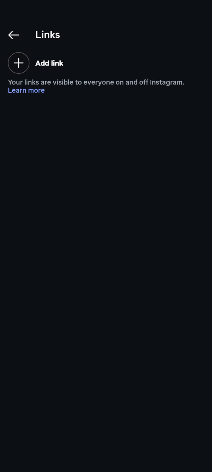 Instagram Links settings screen in dark mode displaying the 