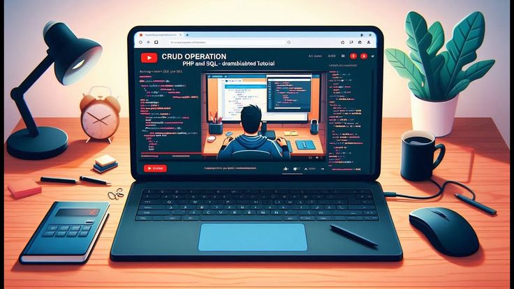 A digital illustration shows a neatly organized workspace centered around an open laptop playing a YouTube coding tutorial titled 