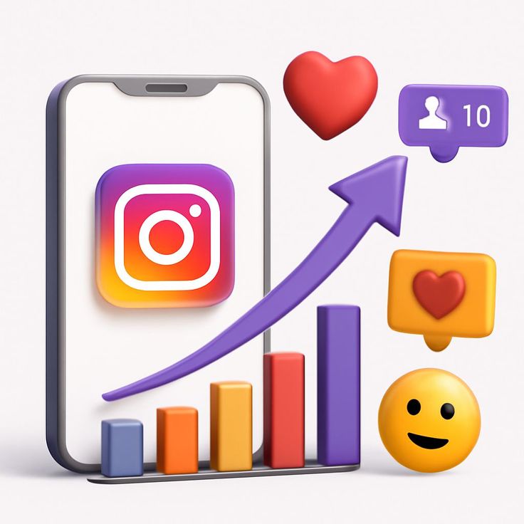 A 3D illustration of a smartphone with the Instagram logo, featuring an upward-pointing arrow, bar charts, and floating social media engagement icons like hearts and follower notifications.