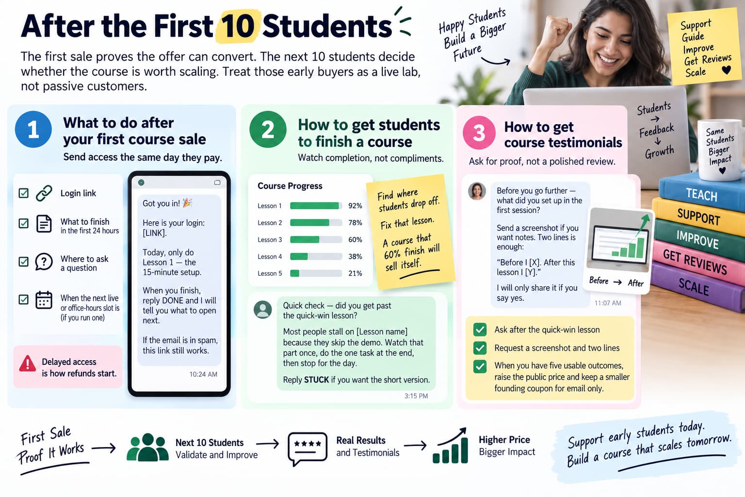 Infographic showing what to do after getting the first 10 online course students, including providing immediate access, improving course completion, collecting student testimonials, and using feedback to scale the course.