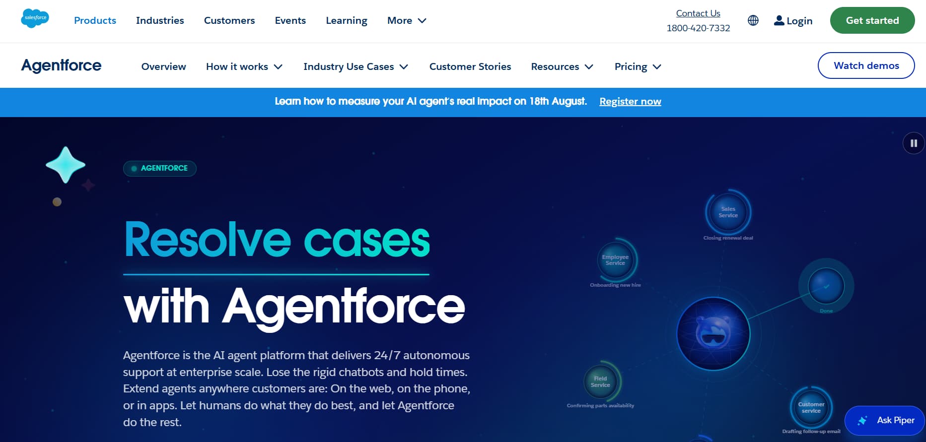 Salesforce Agentforce webpage showcasing AI agents for 24/7 autonomous enterprise support, with connected service workflows for sales, employee, field, and customer service.