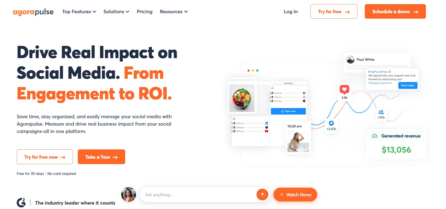 Agorapulse homepage showing social media management features, including post scheduling, engagement tracking, analytics, and generated revenue metrics.