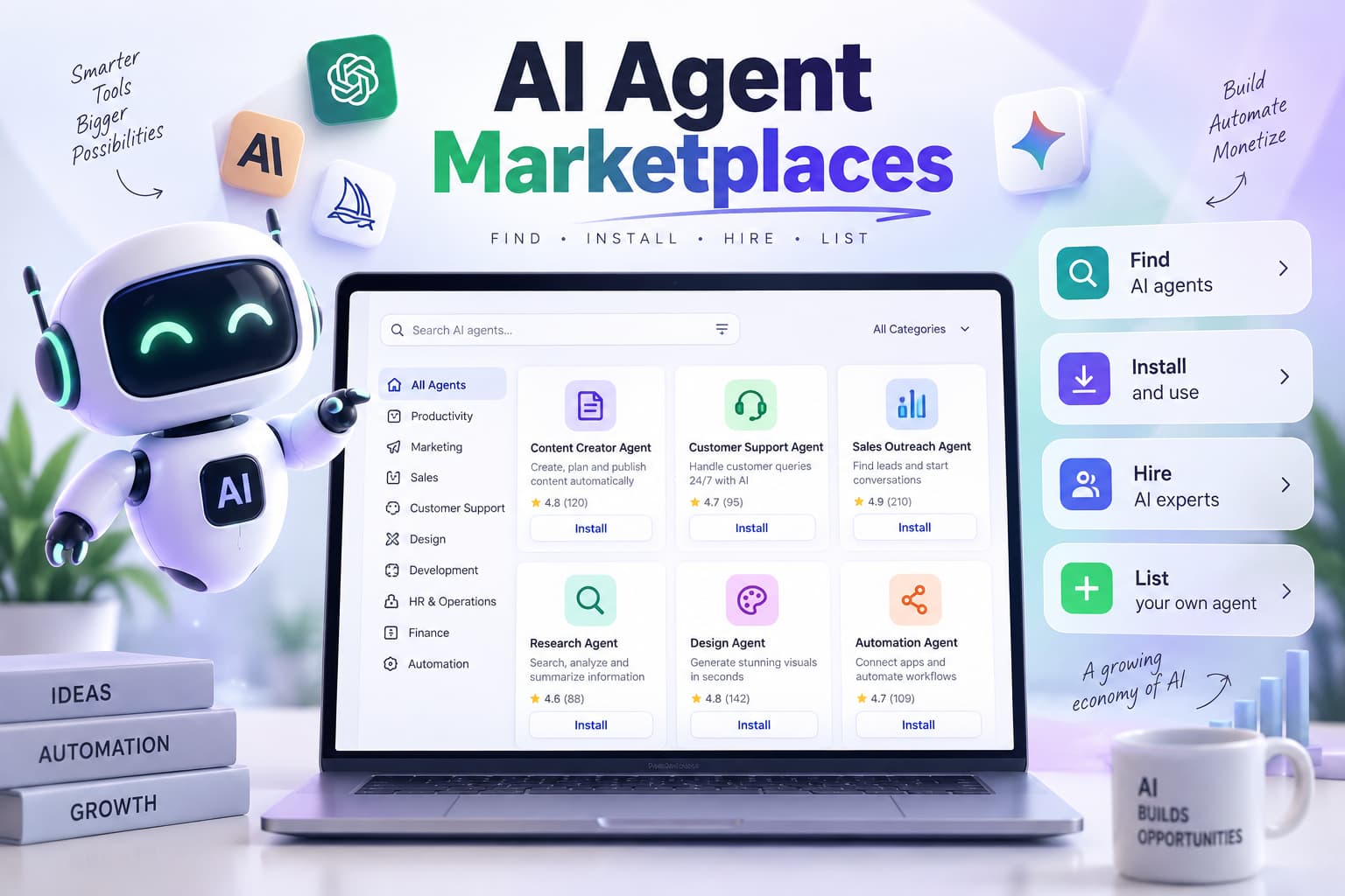 AI Agent marketplace hero image showing a laptop with searchable AI agent listings, an AI robot, and 'Find, Install, Hire, List' marketplace options.