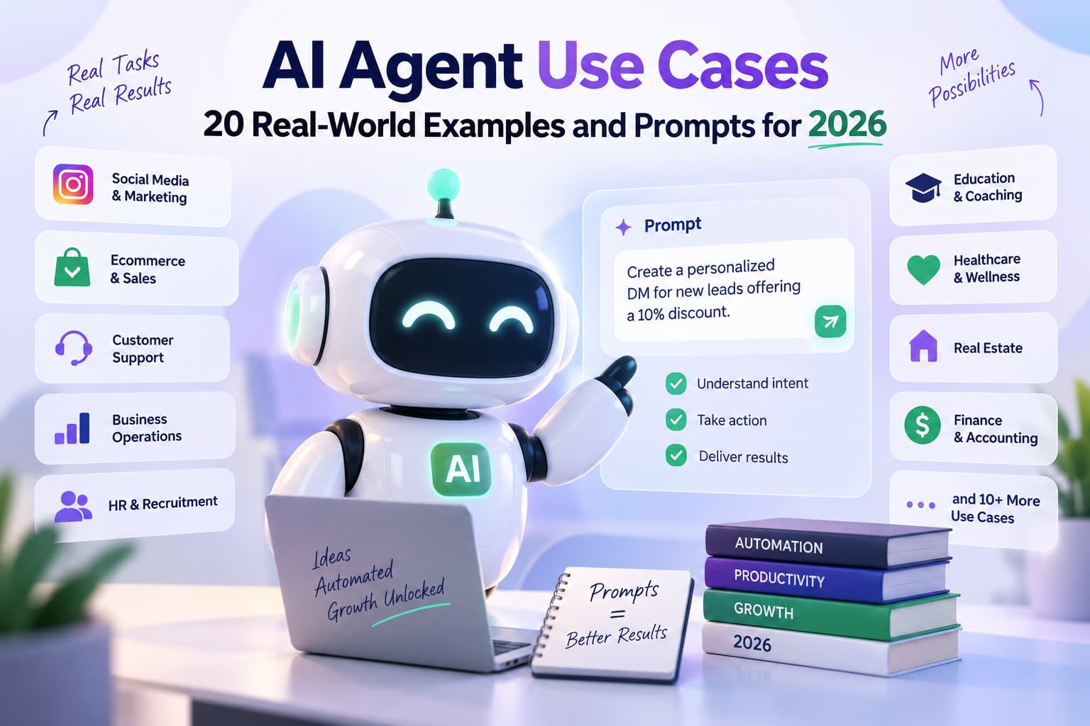 AI agent use cases infographic showing 20 real-world examples and prompts for 2026 across social media, ecommerce, customer support, business operations, HR, education, healthcare, real estate, and finance.