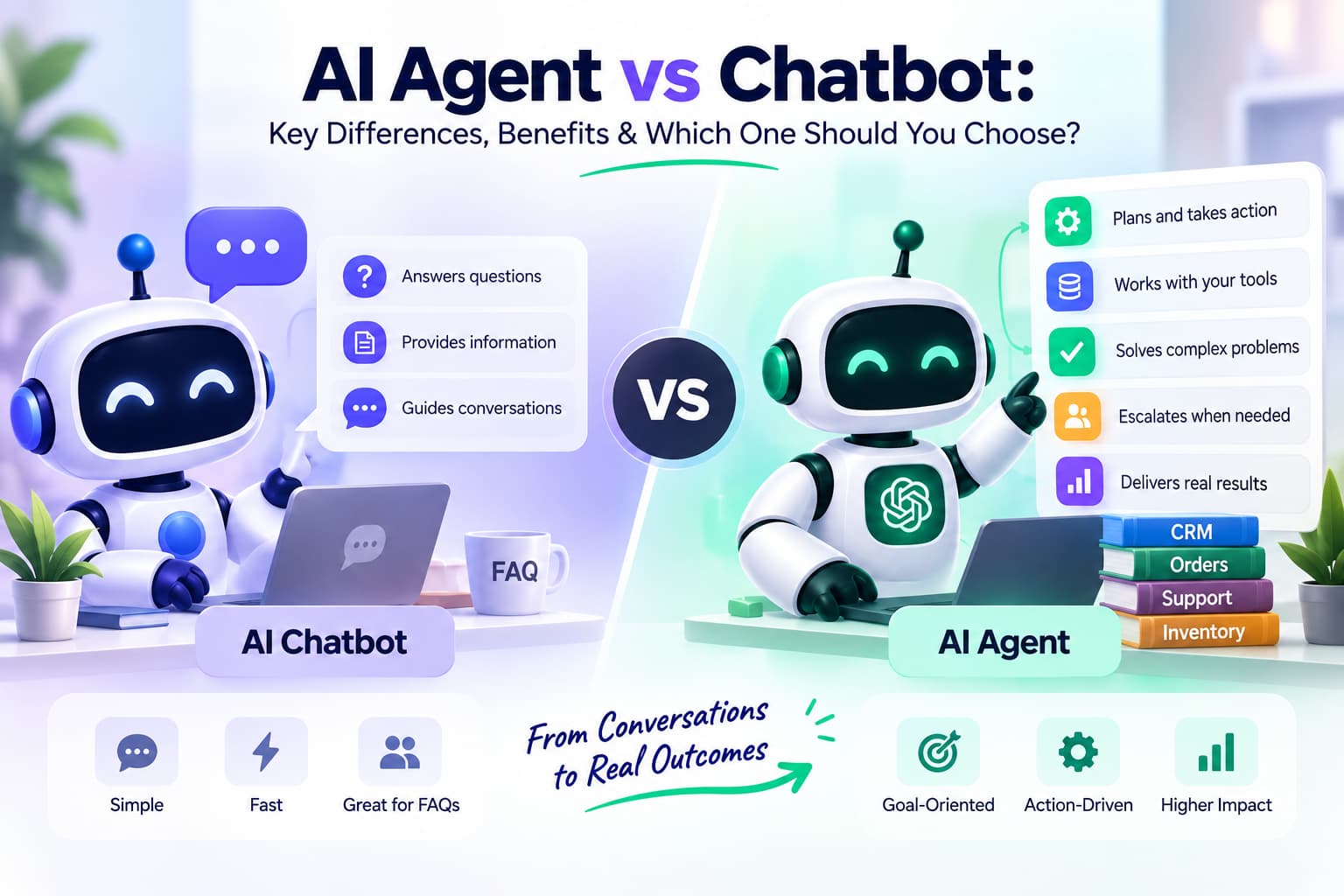 AI Agent vs chatbot hero image comparing a chatbot that answers questions and guides conversations with an AI agent that plans, uses tools, solves complex problems, and takes action.