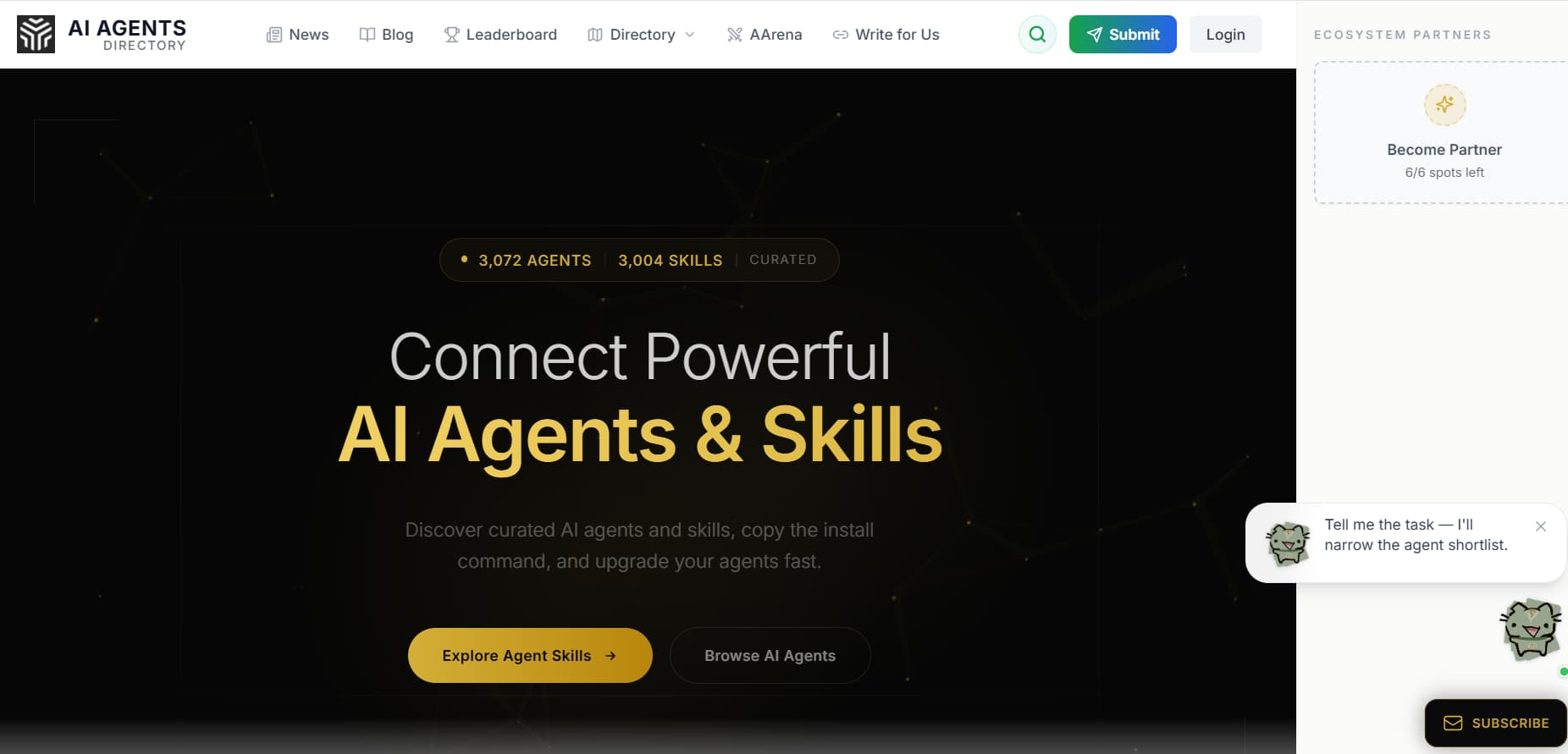 AI Agents Directory homepage showcasing a curated marketplace of AI agents and skills, with options to explore agent skills or browse AI agents.
