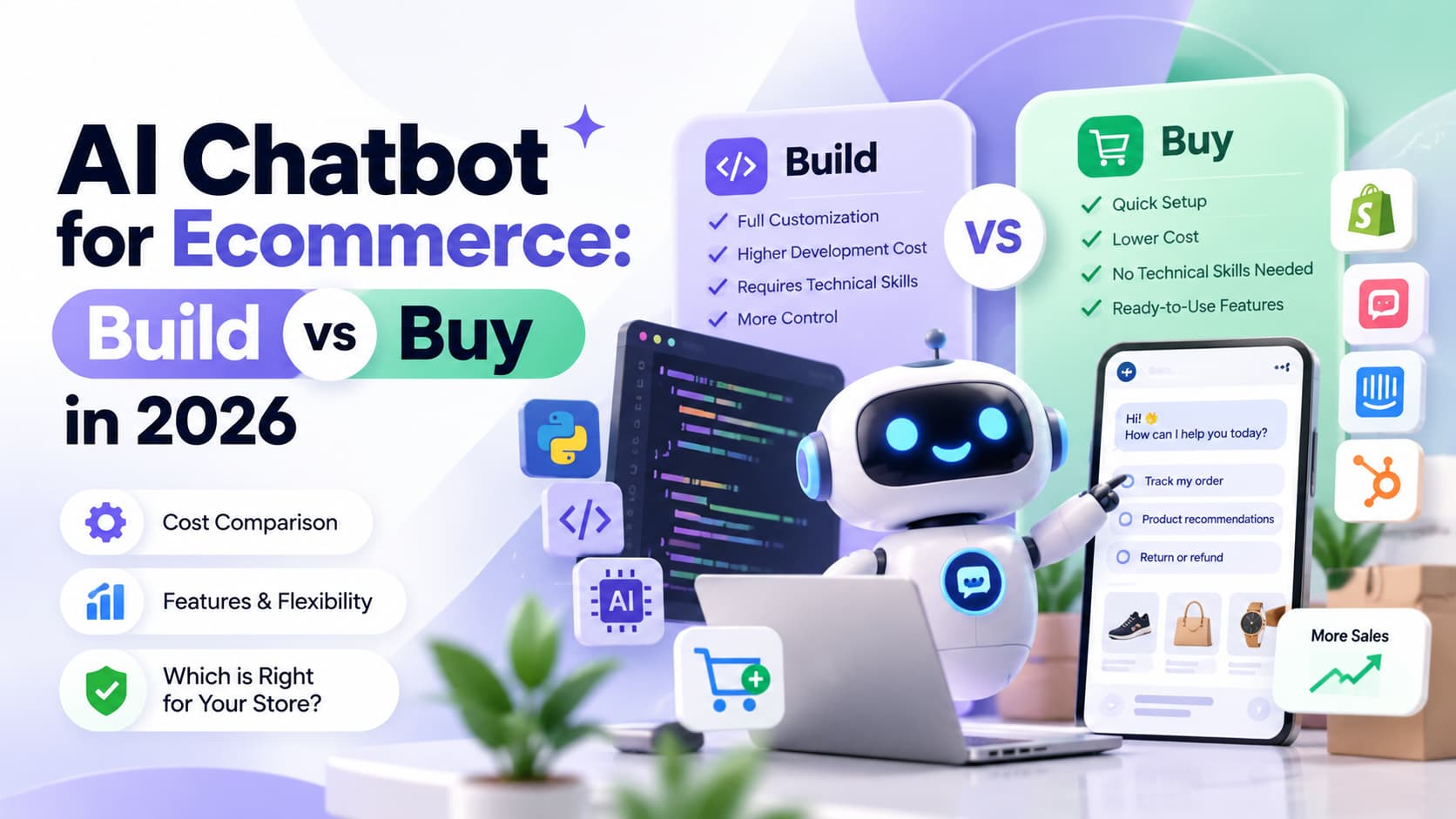 AI chatbot for ecommerce showing Build vs Buy options across website, social media, and hybrid channels, with an AI shopping assistant at the center.