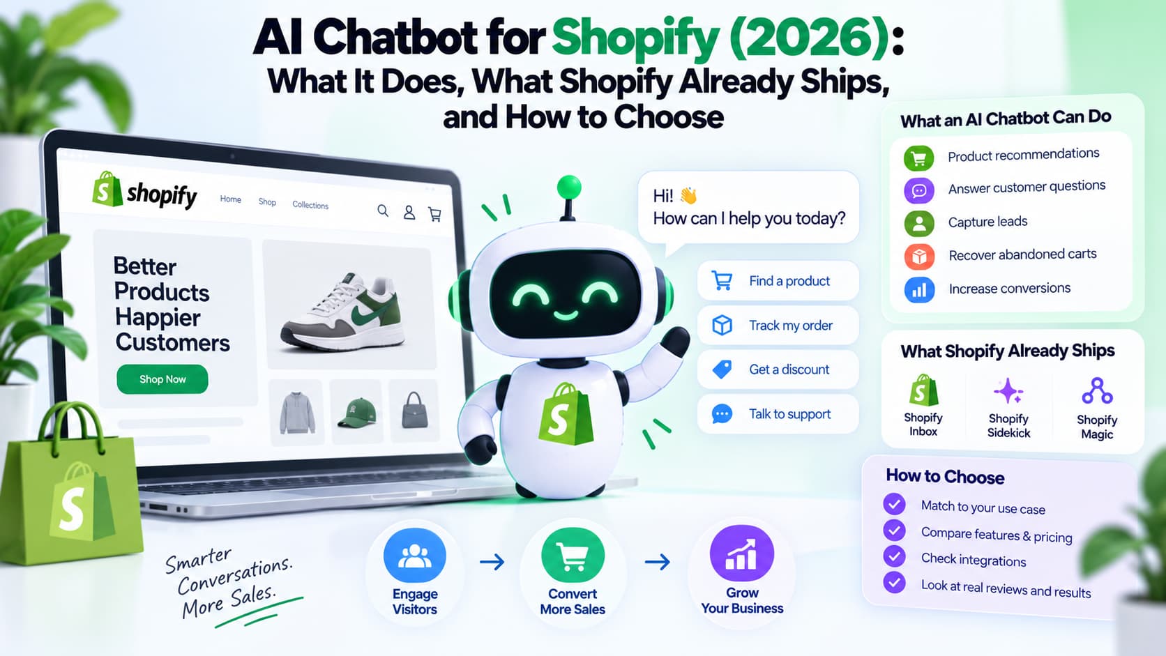 AI chatbot for Shopify in 2026 showing chatbot capabilities, Shopify's built-in tools, and key factors for choosing the right ecommerce chatbot.