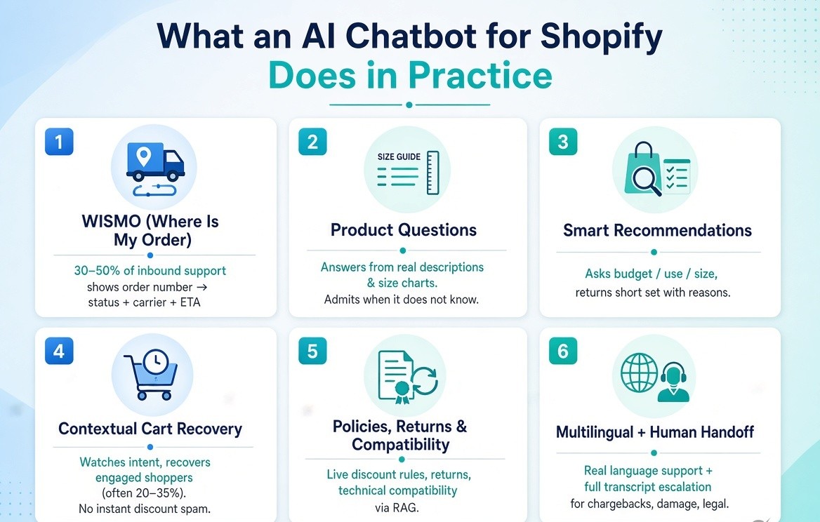 Six-card infographic titled “What an AI Chatbot for Shopify Does in Practice.” Cards cover: 1) WISMO (Where Is My Order) handling 30–50% of support with status, carrier and ETA; 2) Product questions answered from real descriptions and size charts; 3) Smart recommendations based on budget, use and size; 4) Contextual cart recovery for engaged shoppers (often 20–35%); 5) Policies, returns and compatibility via live rules and RAG; 6) Multilingual support plus human handoff for chargebacks, damage and legal issues.