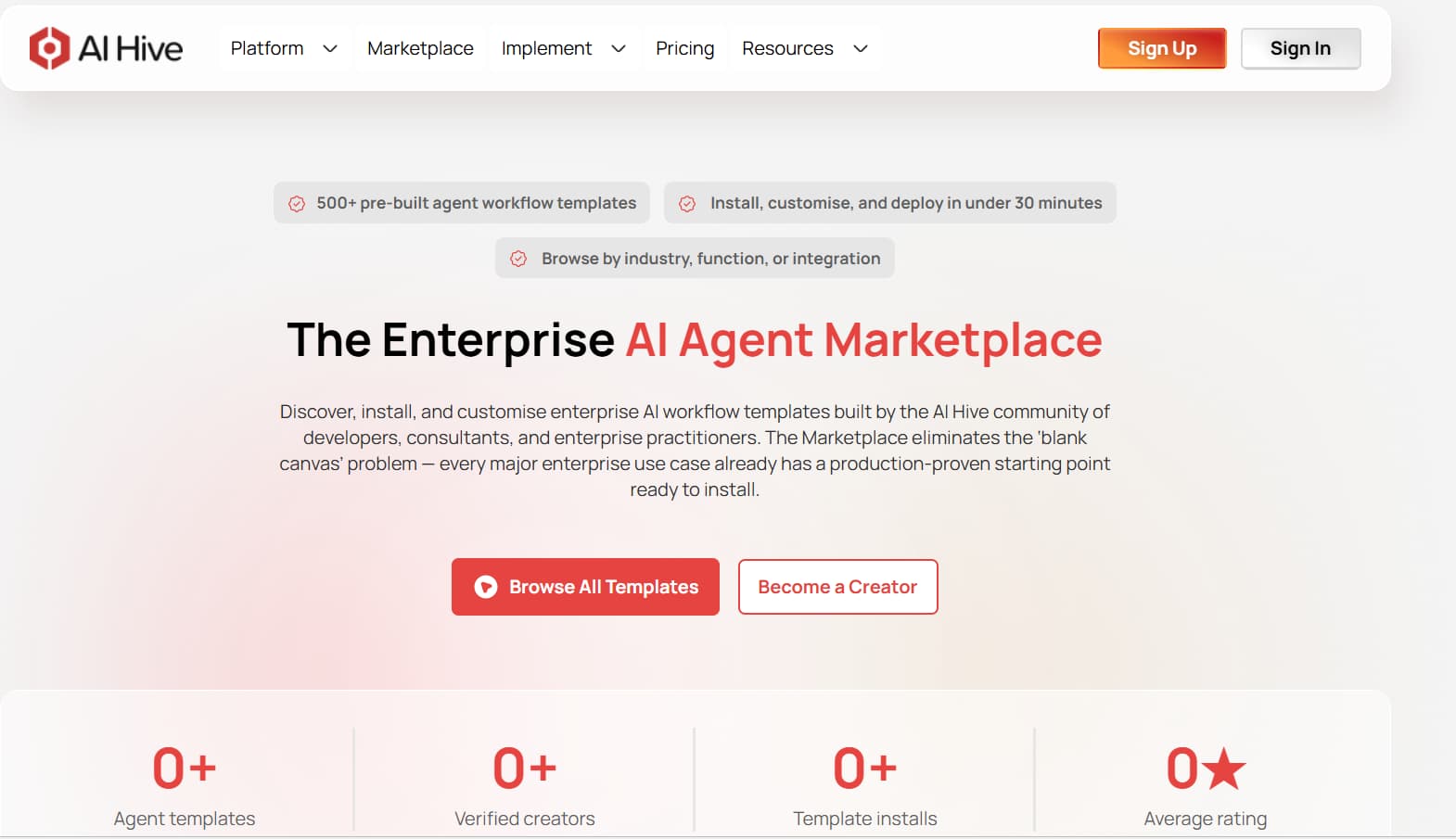 AI Hive Enterprise AI Agent Marketplace homepage featuring pre-built agent workflow templates, customization options, and buttons to browse templates or become a creator.
