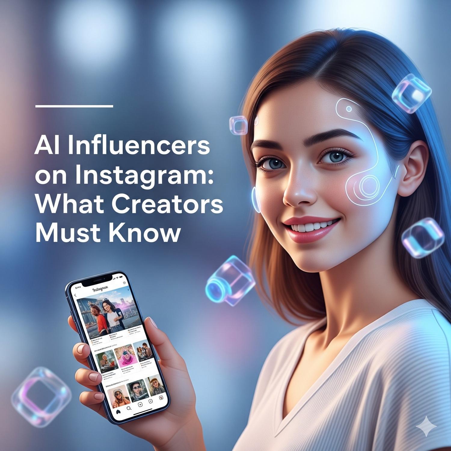 A young woman representing an AI influencer holds a smartphone displaying a social media feed, surrounded by floating translucent cubes and digital circuit patterns. The image features bold text that reads, \"AI Influencers on Instagram: What Creators Must Know.\" The overall aesthetic is futuristic, using a soft blue glow and bokeh background to highlight the intersection of technology and content creation.