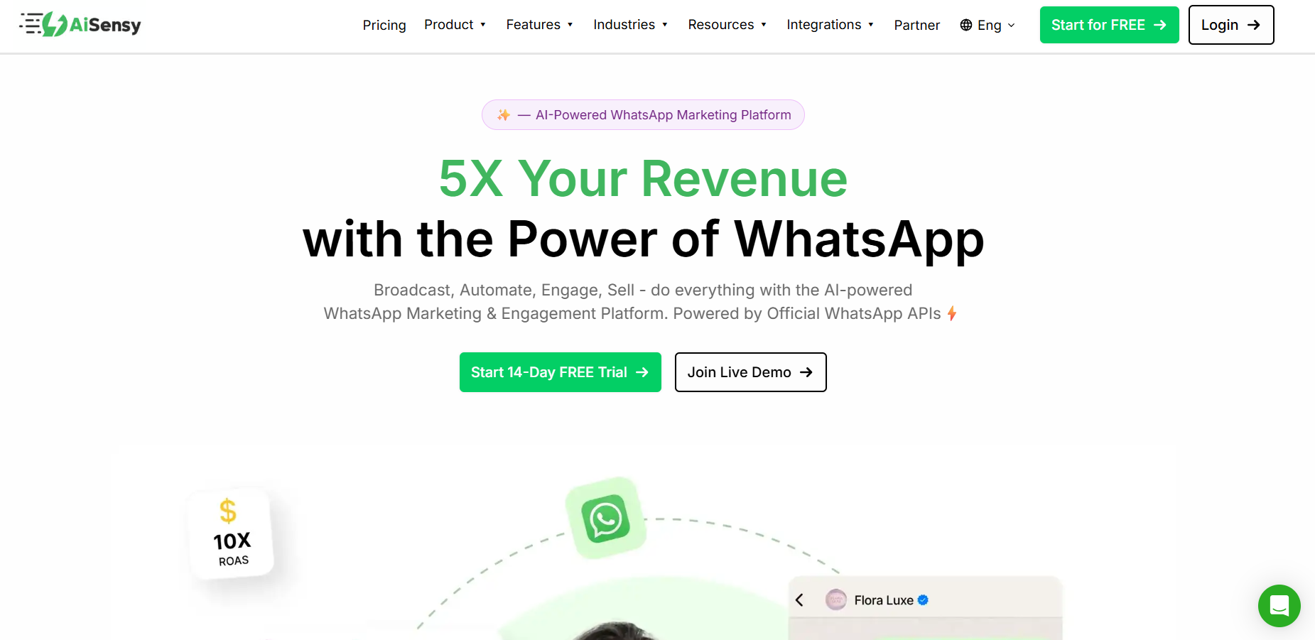 AiSensy website homepage showcasing an AI-powered WhatsApp marketing platform with automation, broadcasting, engagement, and official WhatsApp API integration.