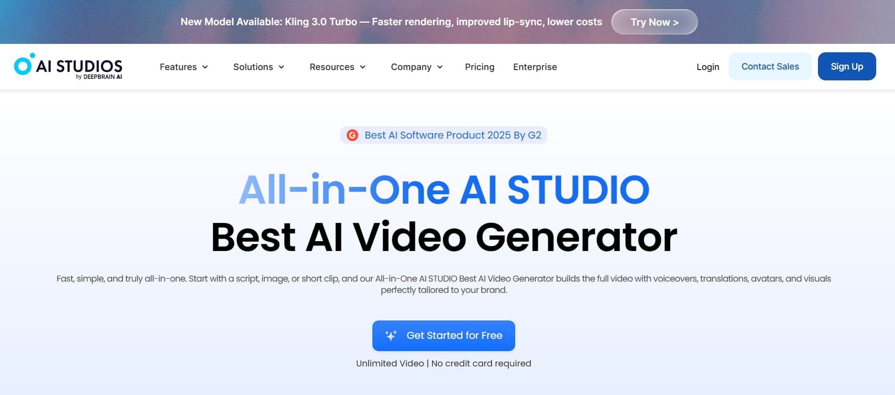 Screenshot of the AI Studios by DeepBrain AI homepage featuring the headline 