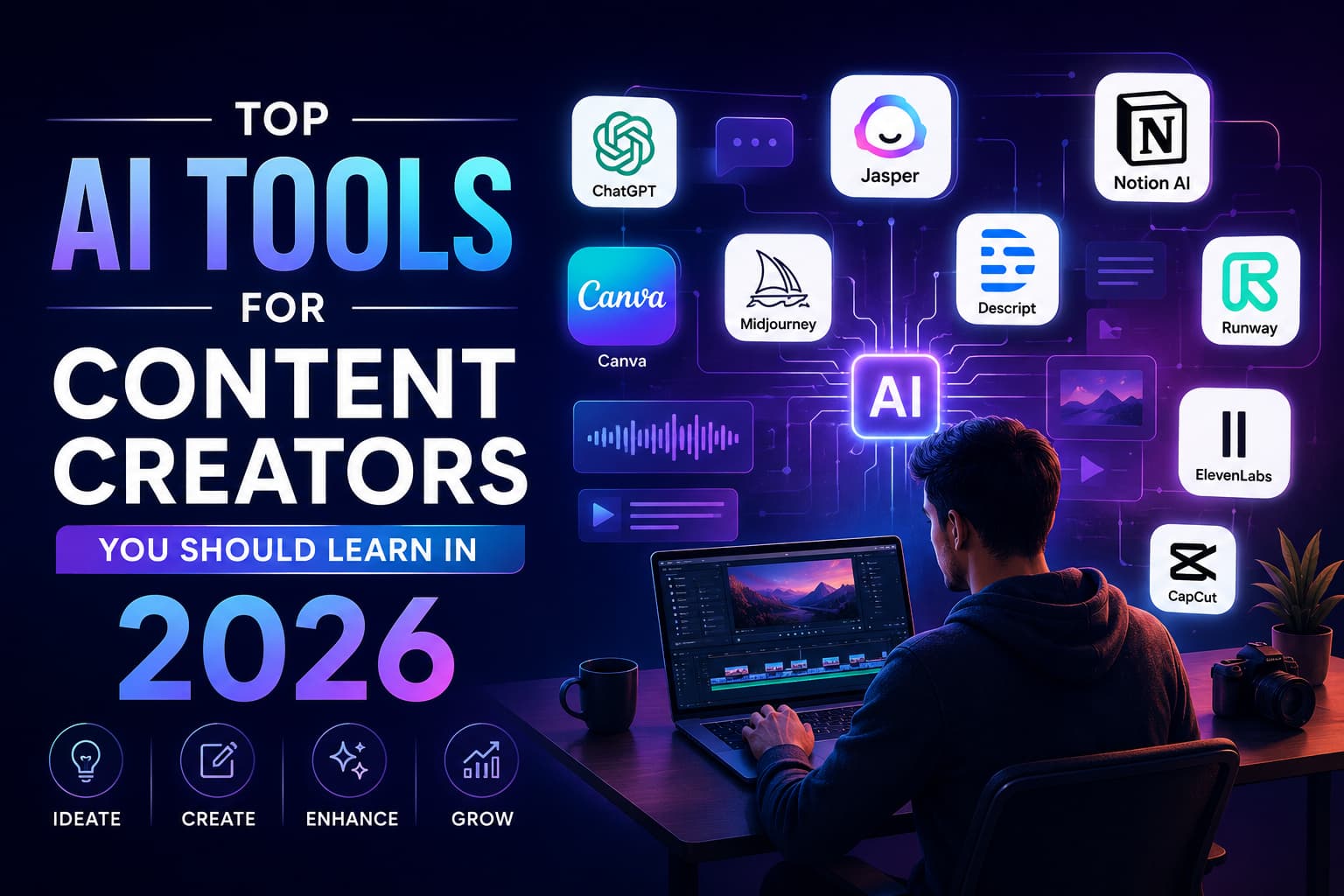 Hero image showing a content creator using AI-powered tools in a futuristic workspace, surrounded by popular AI apps for writing, design, video editing, and content creation.