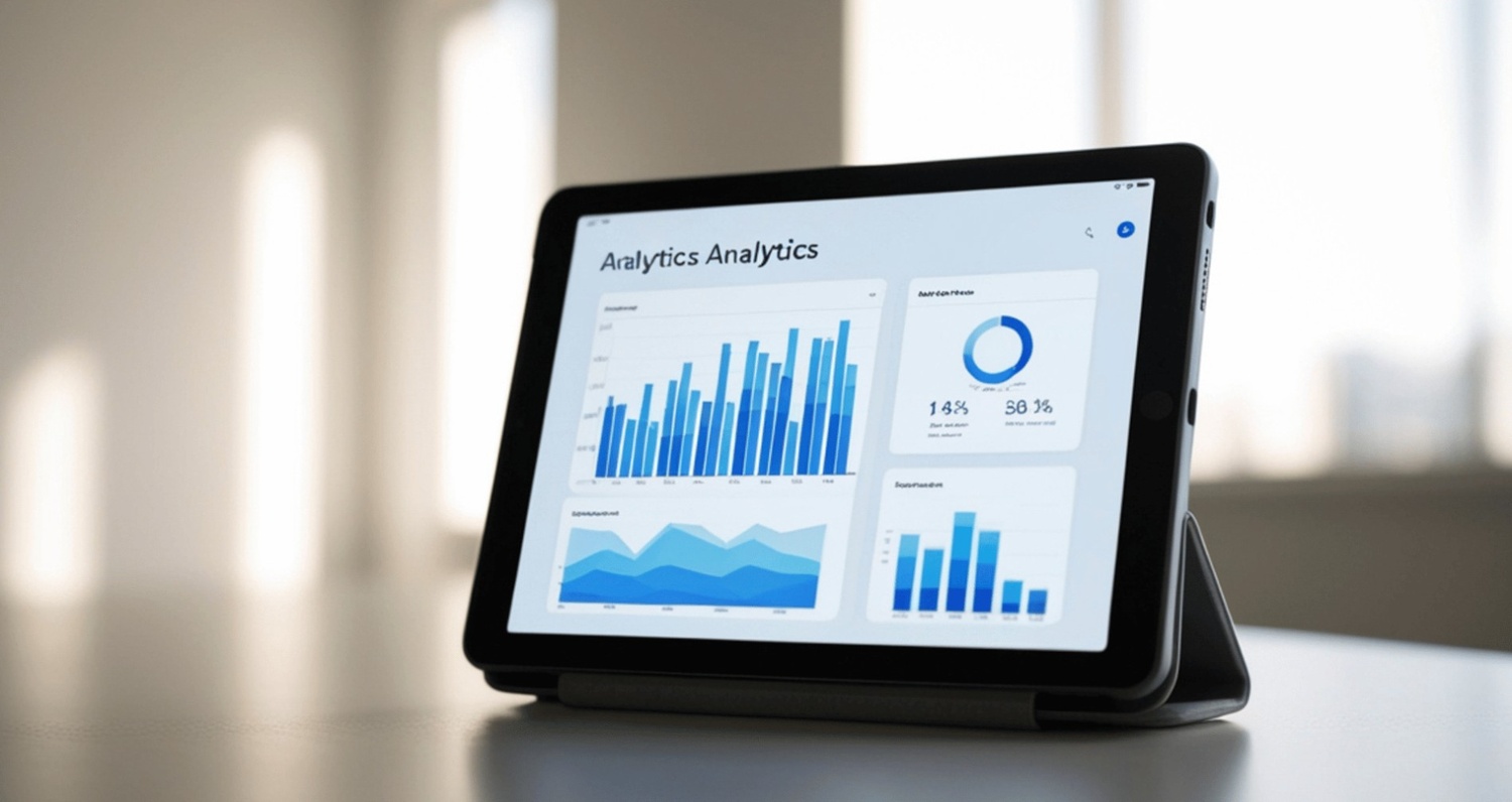 Tablet displaying an analytics dashboard with blue bar charts and line graphs.