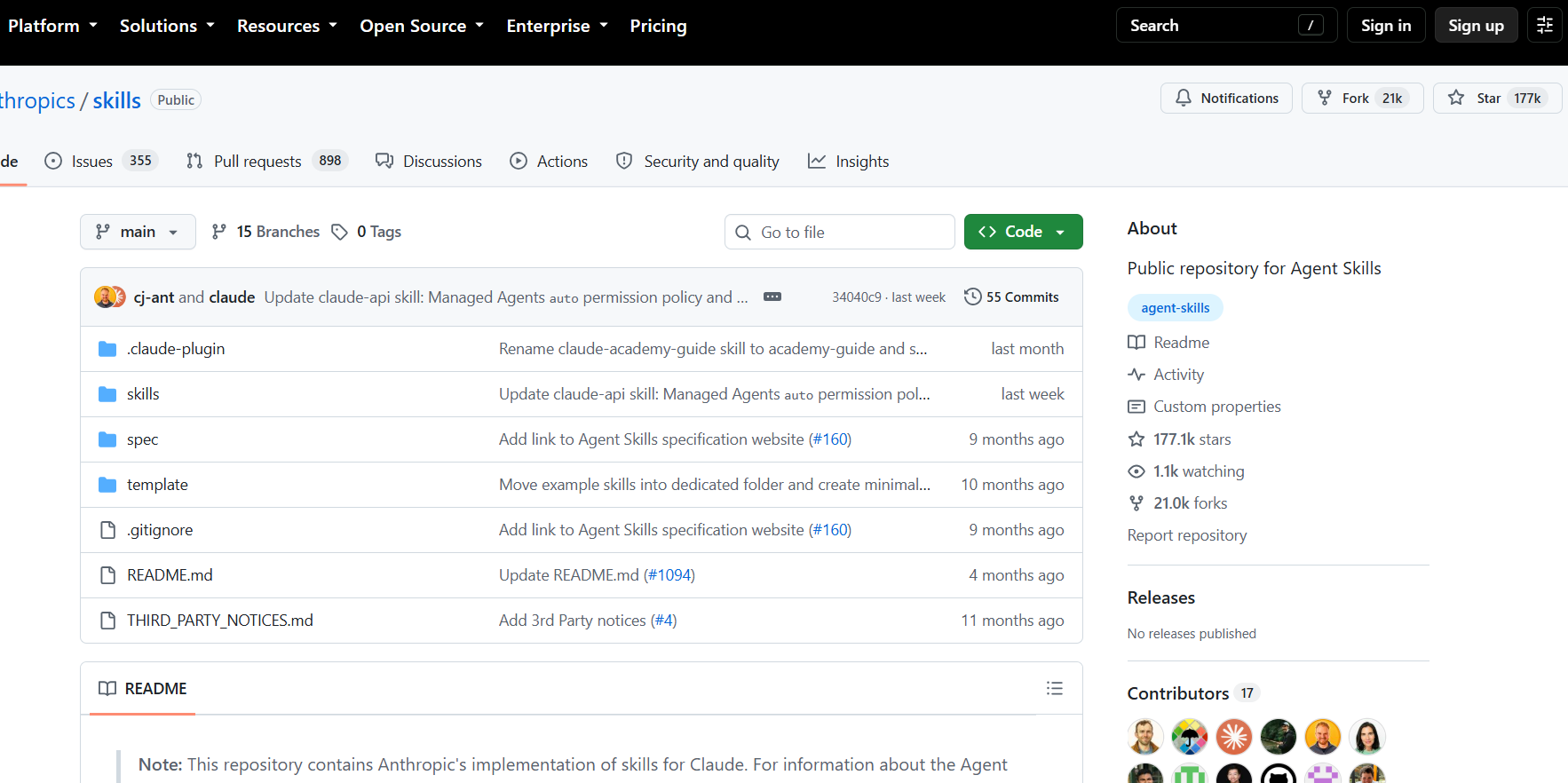 GitHub repository page for Anthropic’s public Agent Skills project, showing folders for skills, specifications, and templates along with repository statistics and README content.