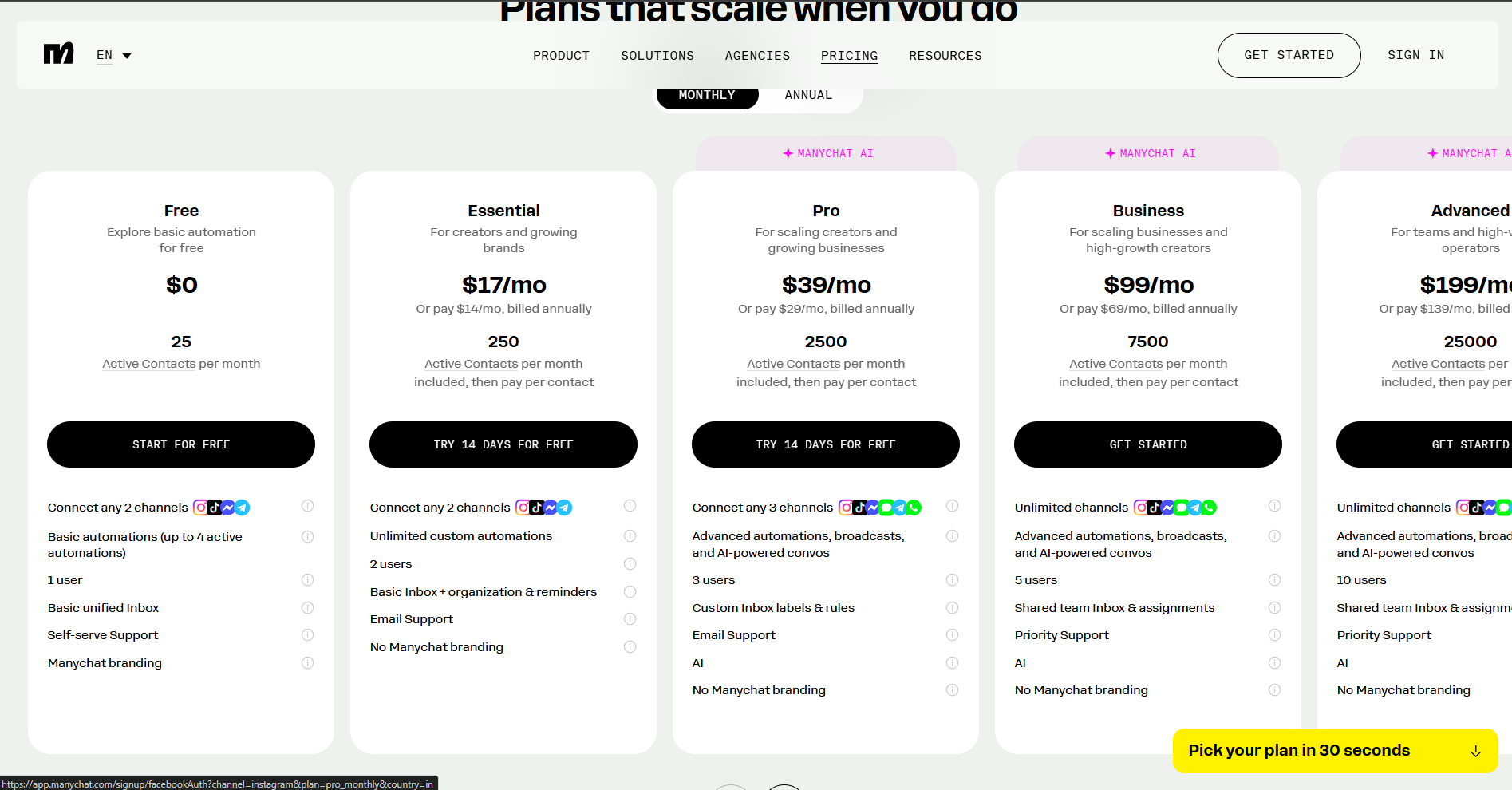 manychat pricing 2026 screen shot