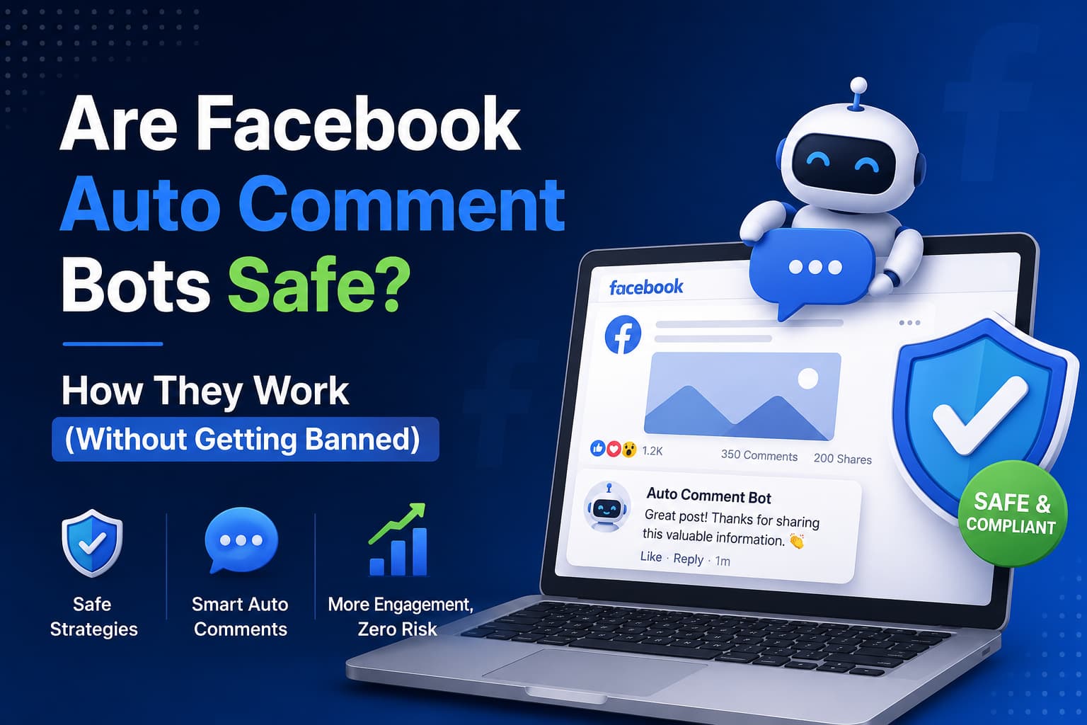 Facebook auto comment bot on a laptop screen with a security shield, illustrating safe and compliant comment automation without getting banned.