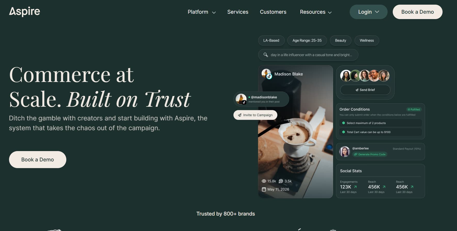 Aspire influencer marketing platform homepage showcasing creator discovery, campaign management, product seeding, social commerce, and campaign performance analytics. aspire.io