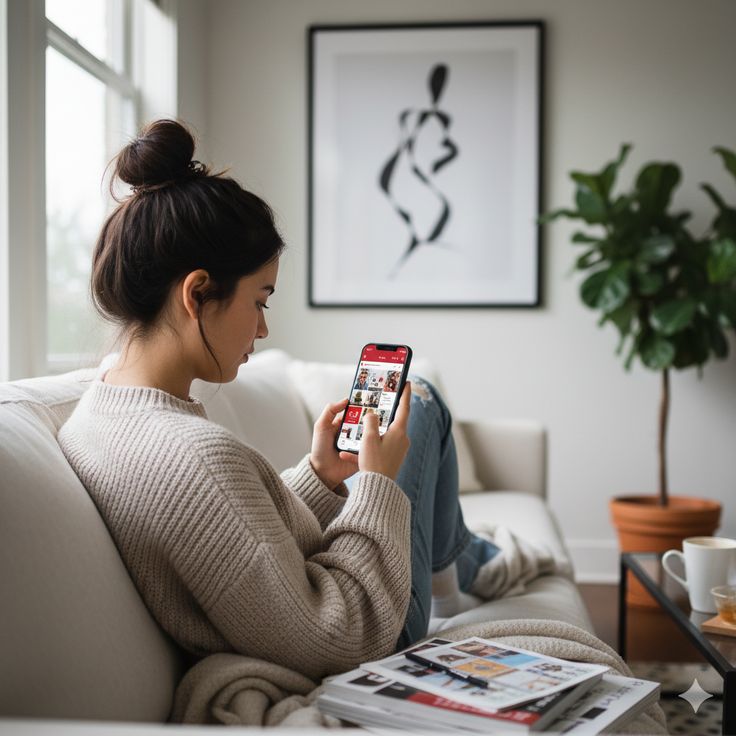 A high-quality lifestyle photo of a woman sitting comfortably on a white couch, intently scrolling through a grid of videos on her smartphone. The minimalist, well-lit room features a large piece of abstract line art on the wall and a potted fiddle-leaf fig tree, illustrating the raw and authentic 'lo-fi' aesthetic that resonates with modern social media audiences.
