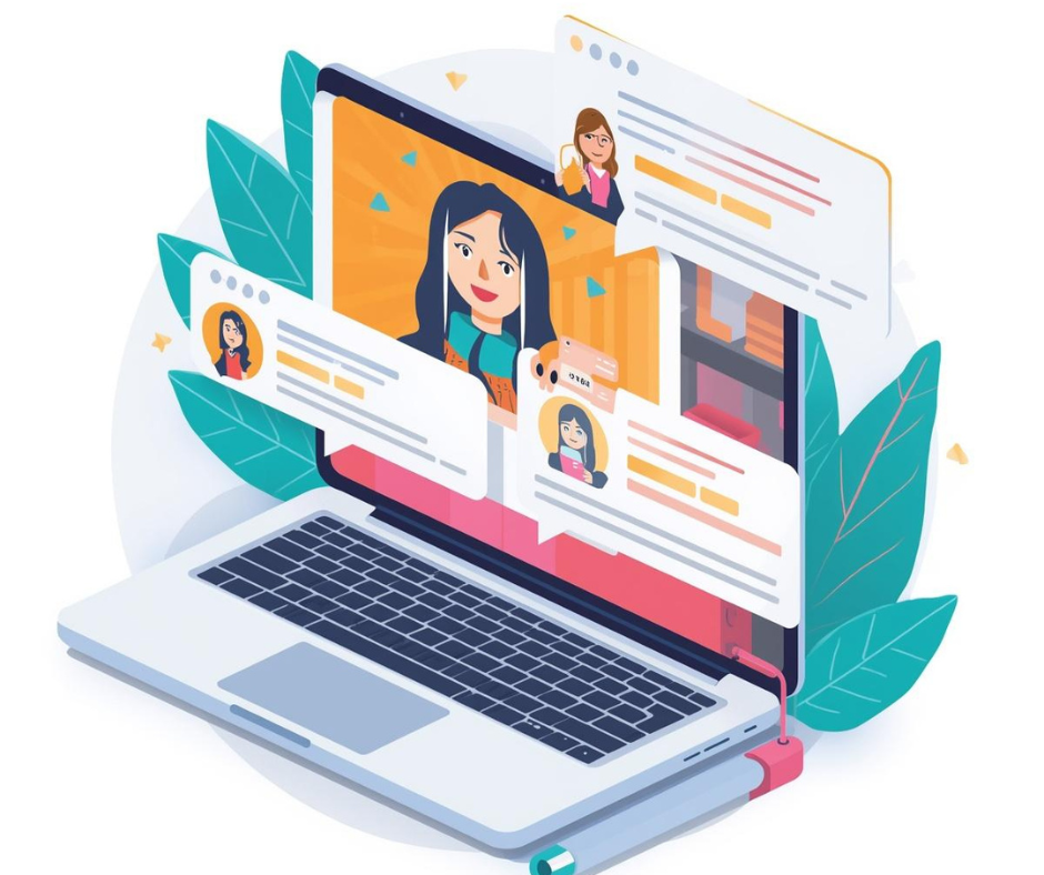 Gemini said
A colorful isometric illustration of a laptop with several pop-up chat bubbles featuring female avatars, representing automated messaging and digital communication.