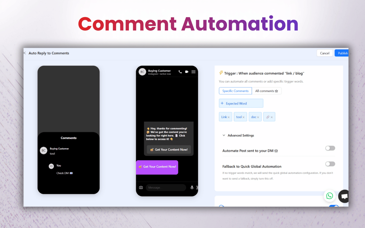 Screenshot of a Comment Automation software interface displaying mobile previews of automated comment replies and direct messages alongside trigger word settings.