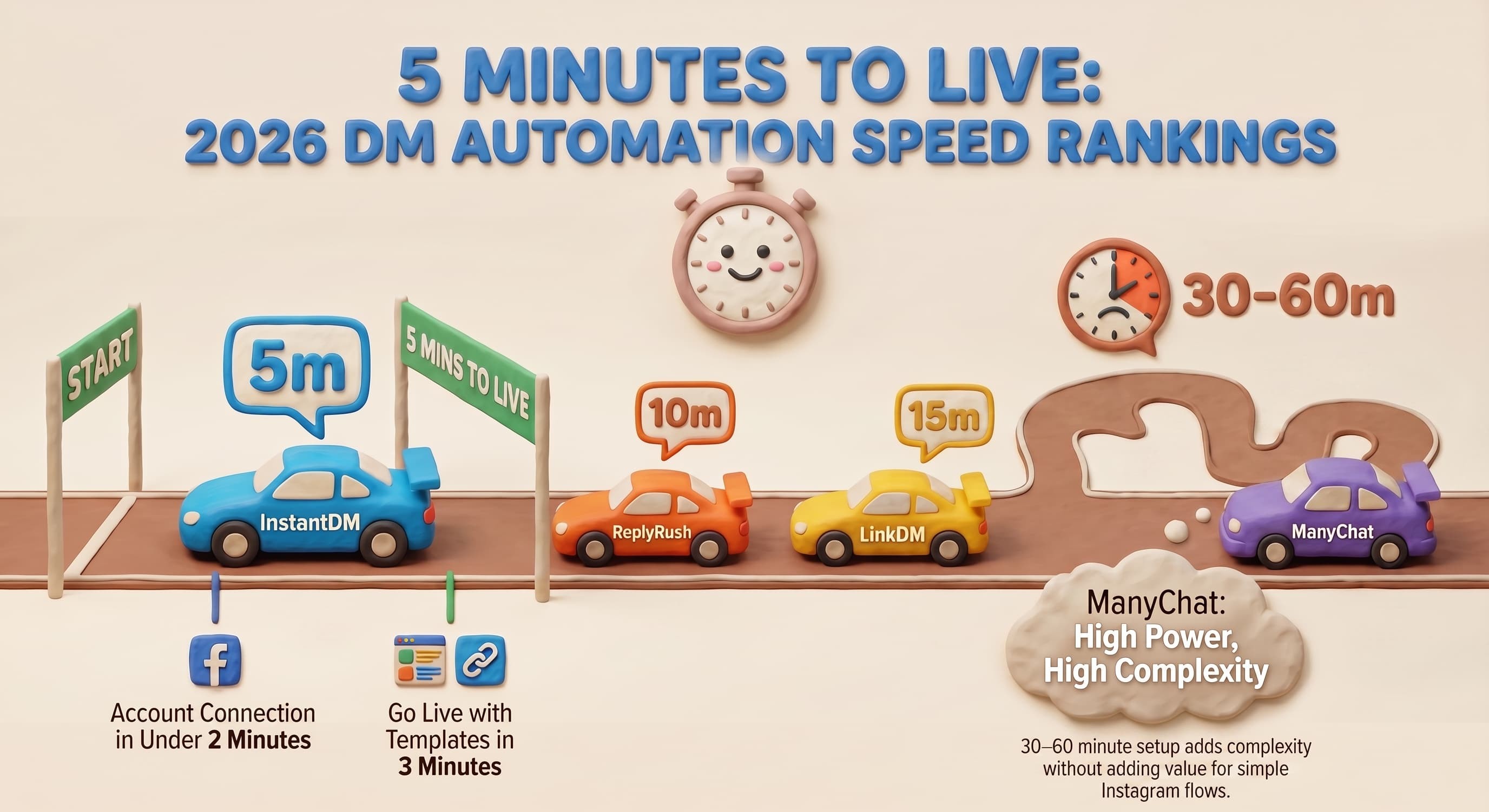 Infographic titled “5 Minutes to Live: 2026 DM Automation Speed Rankings” featuring a playful 3D clay-style race track theme. The graphic compares the setup speed of different Instagram DM automation tools using colorful cartoon cars on a timeline.
A blue car labeled “InstantDM” reaches a finish line marked “5 Mins to Live”, with a speech bubble showing “5m.” Supporting notes below indicate account connection in under 2 minutes and going live with templates in 3 minutes.
Behind it, an orange car labeled “ReplyRush” displays “10m”, while a yellow car labeled “LinkDM” displays “15m.” A smiling stopwatch icon appears above the faster tools.