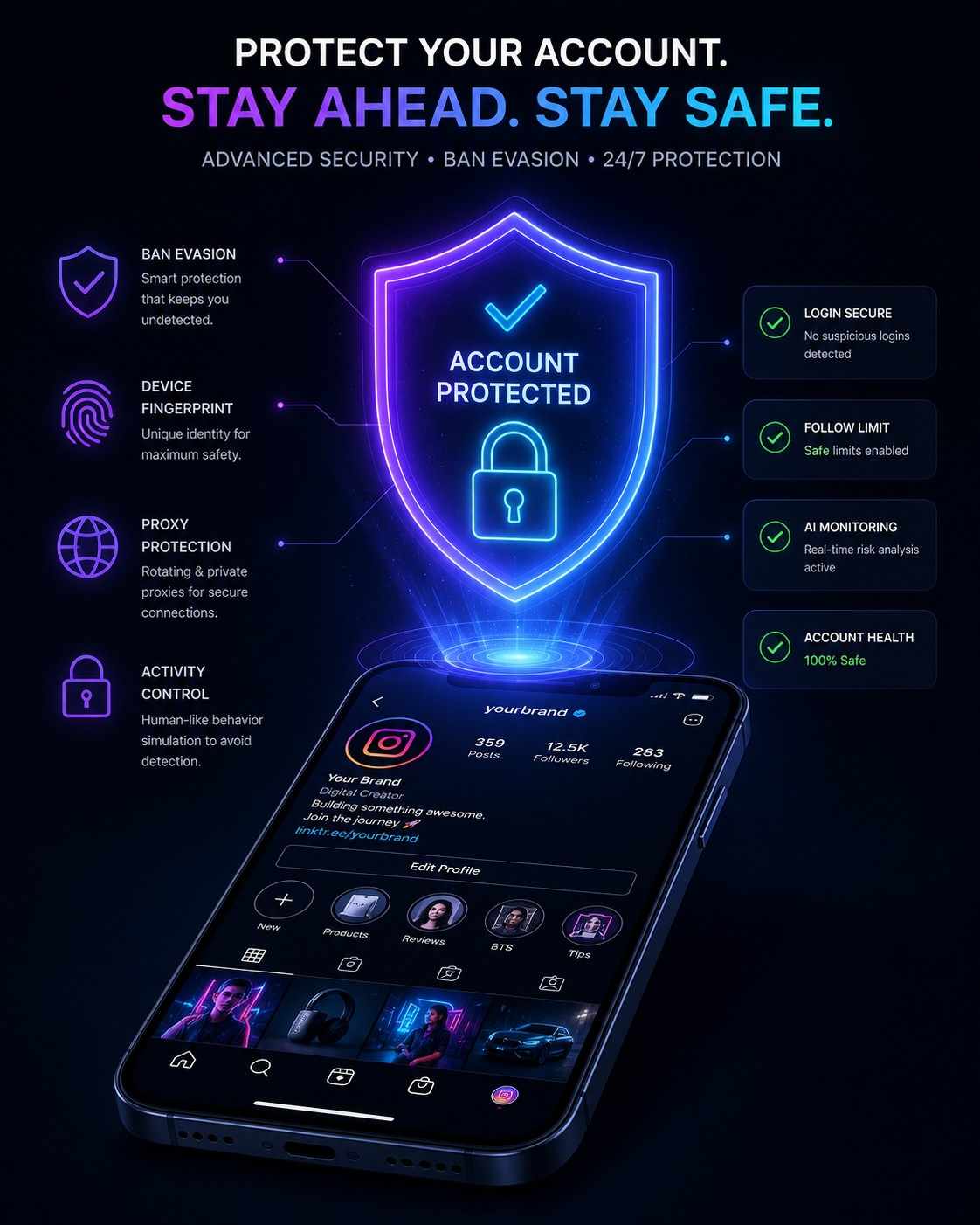 A high-contrast, modern graphic symbolizing digital security and account protection. Picture a glowing, neon shield hovering over a sleek 3D smartphone displaying a clean Instagram profile. The background should be dark to make the shield pop, instantly communicating "safety" and "ban evasion" to the reader.