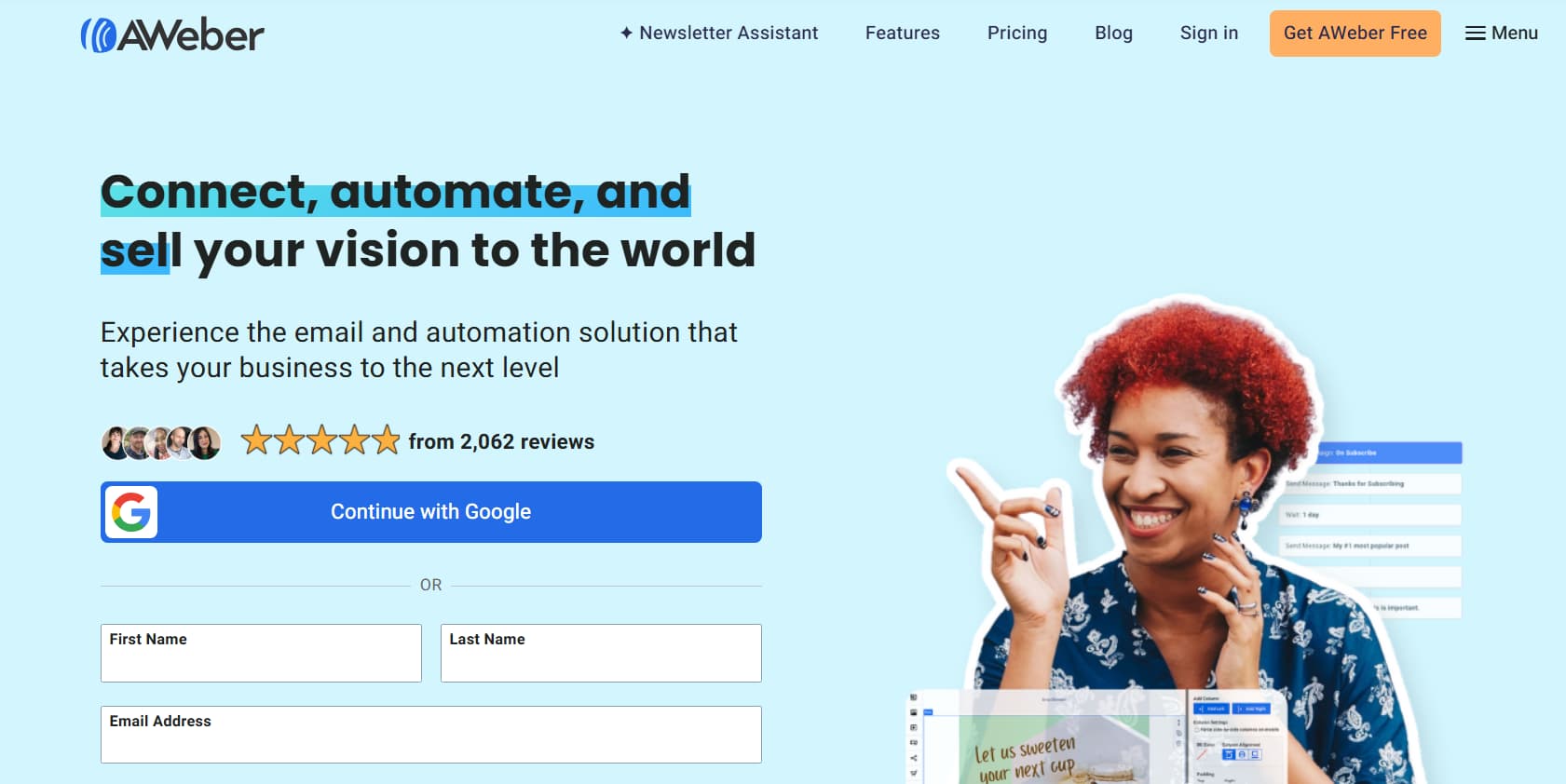 Screenshot of the AWeber homepage featuring the headline