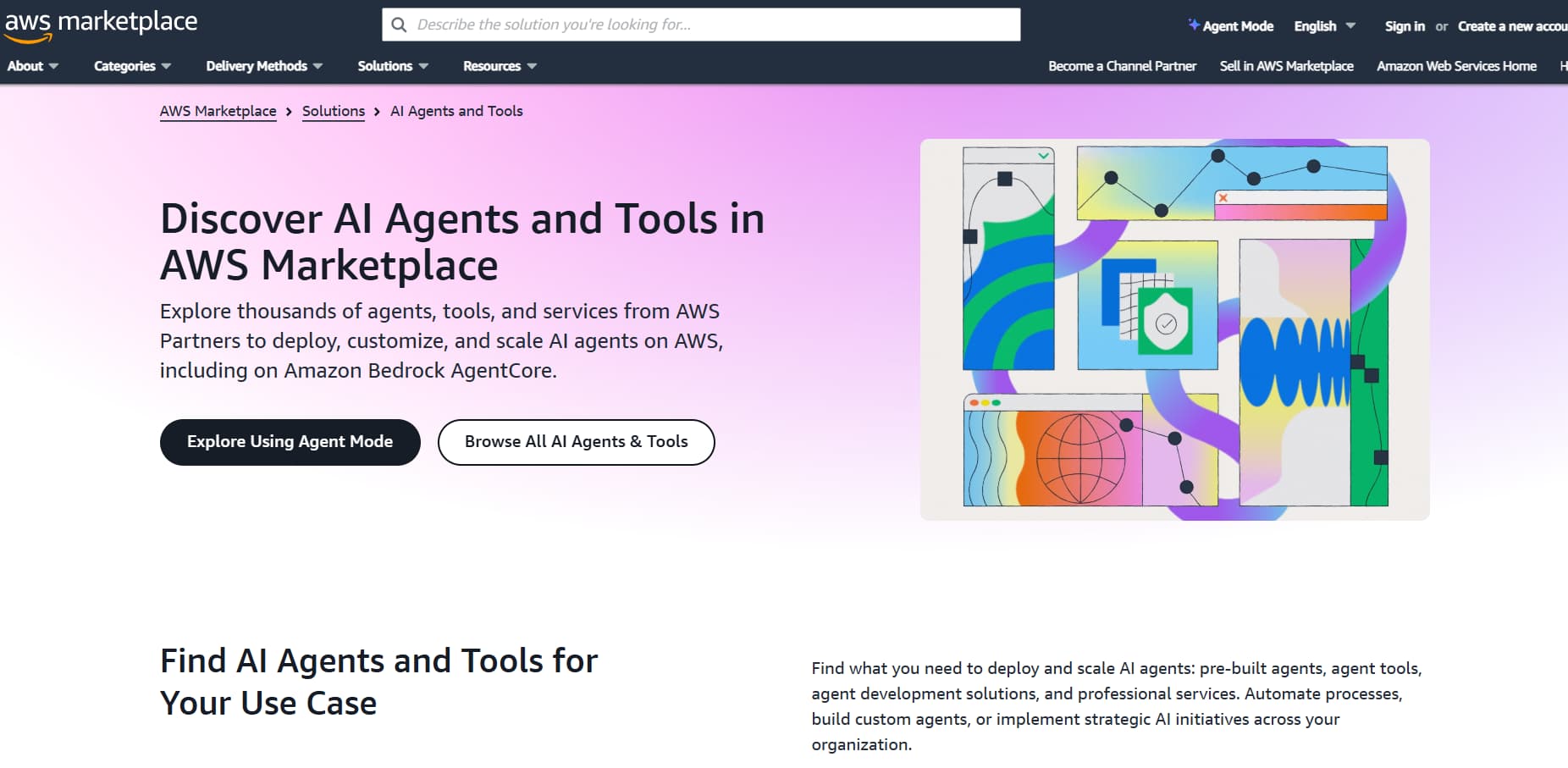 AWS Marketplace page showcasing AI agents and tools, with options to explore Agent Mode or browse AI agents and tools for different use cases.